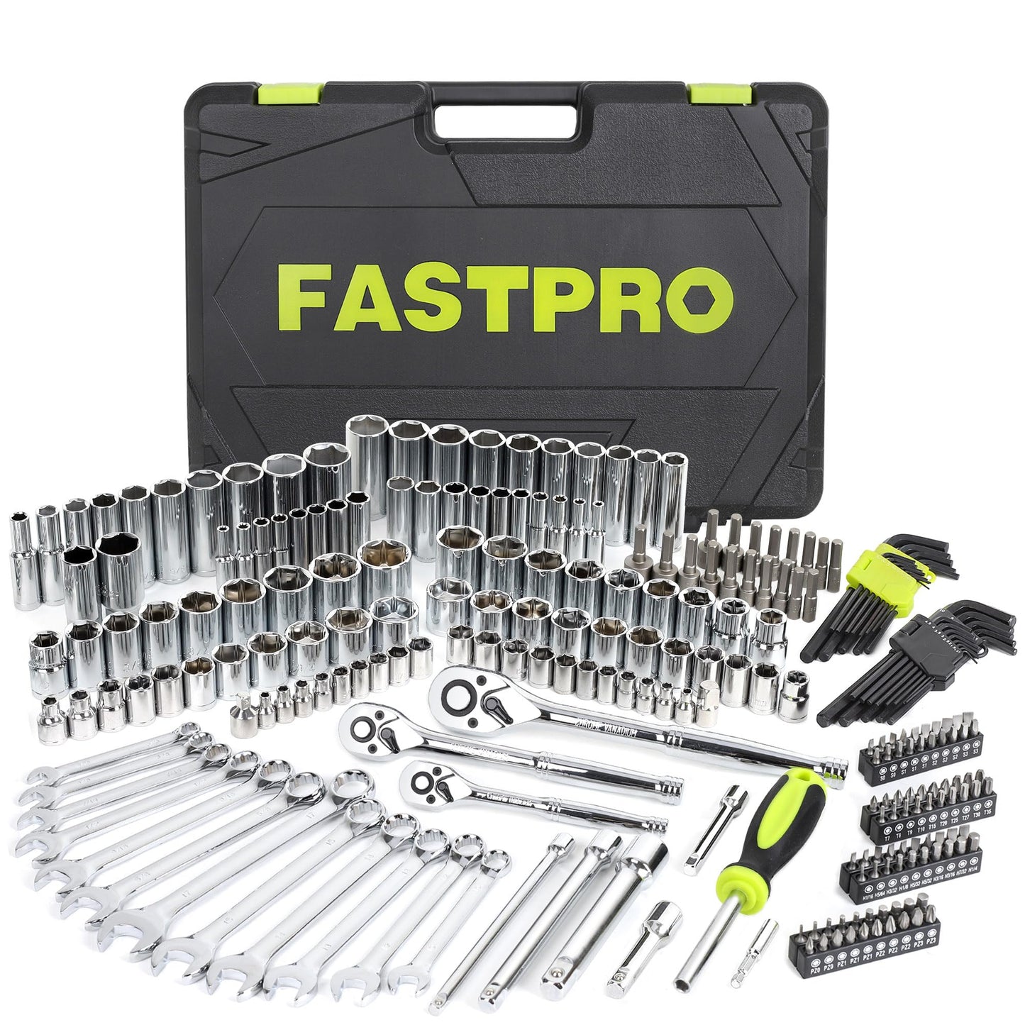 FASTPRO 249-Piece Mechanics Tool Set, 1/2", 3/8", 1/4" Socket Set, SAE and Metric Socket Wrench Set, Include Combination Wrenches, Ratchets, Hex Keys, Tool Kit for Auto Repairs and Maintenance