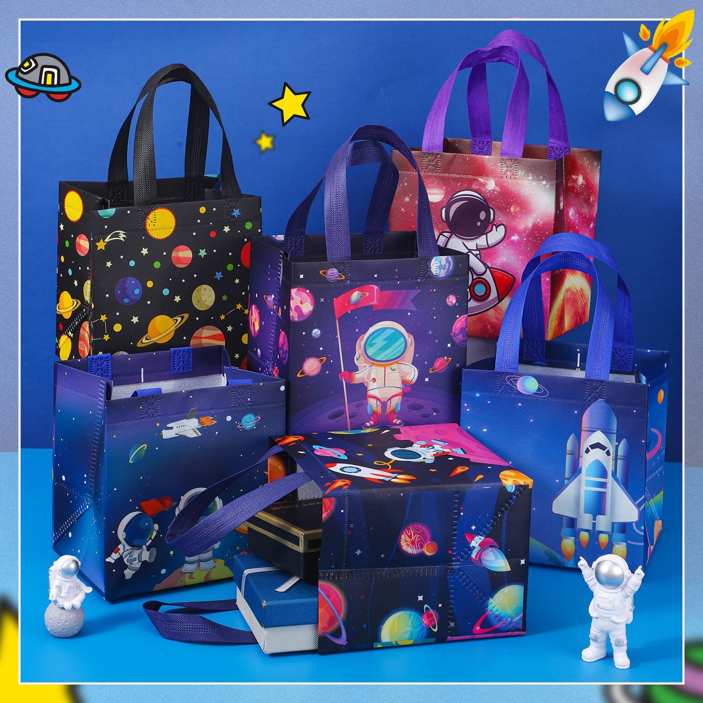 Kigeli 30 Pcs 6 Style Space Goodie Bags, Space Party Favors Large Non-woven Gifts Bags with Handles, Astronaut Planet Rocket Goodie Candy Tote for Baby Shower, Galaxy Theme Birthday Party Supplies