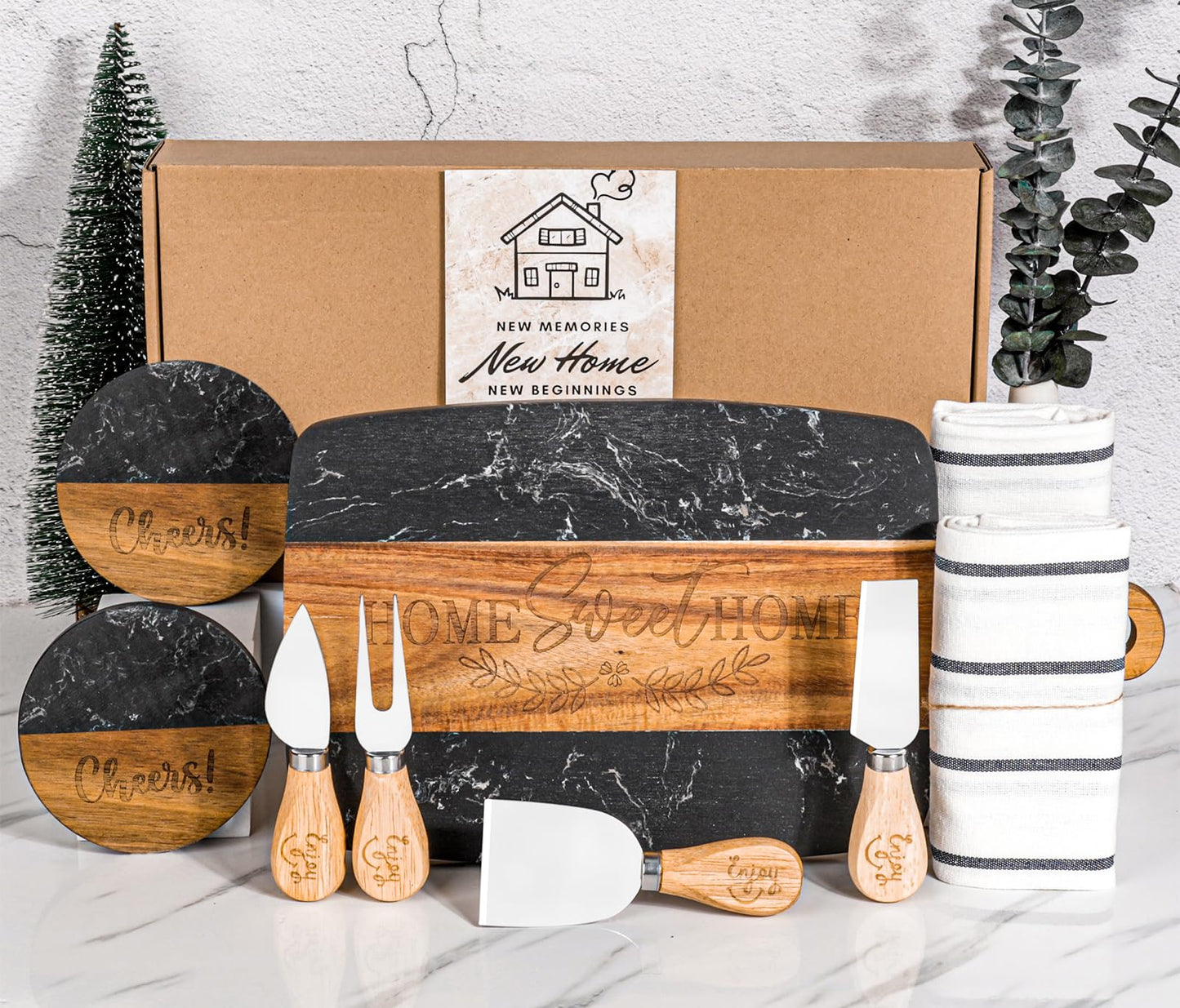 House Warming Gifts New Home,11 Pcs Housewarming Gifts Basket for New House,Unique Housewarming Gift Baskets for Couples, Clients, Women (Black Marble)