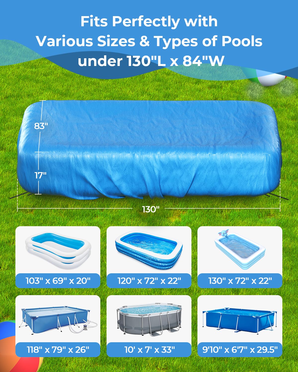 Inflatable Pool Cover Rectangle for 120” x 72”, 130” x 72”, 145" x 74" Pool, Secure Elastic Edge & Drawstrings 10' x 7' Rectangular Pool Covers for Above Ground Pools