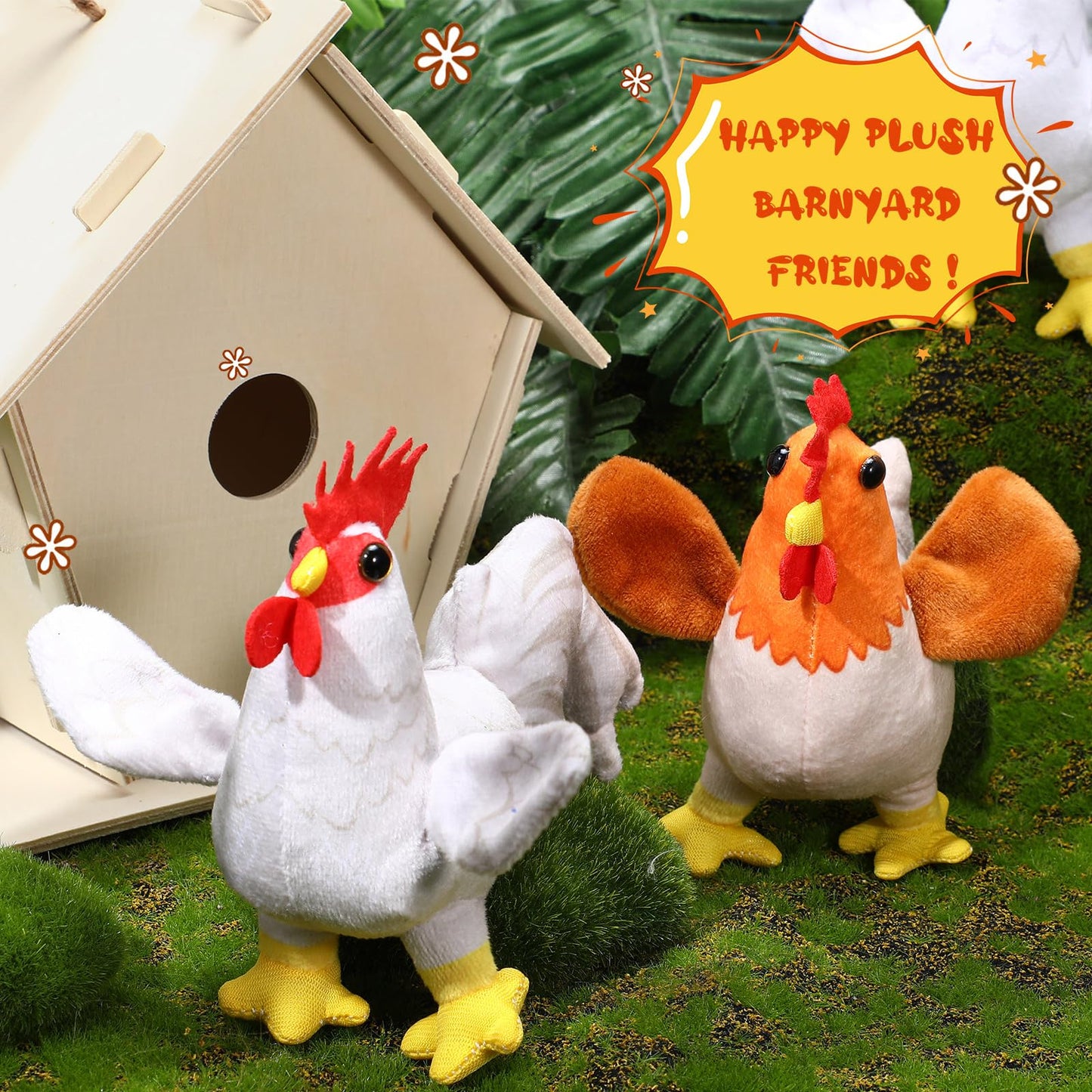 Kasyat 6 Pieces Mini Plush Furry Farm Animal Toys Soft Horse Pig Cattle Rabbit Dog Sheep Doll Stuffed Plush Farm Animals for Birthday Party Decoration(Chicken and Rooster)