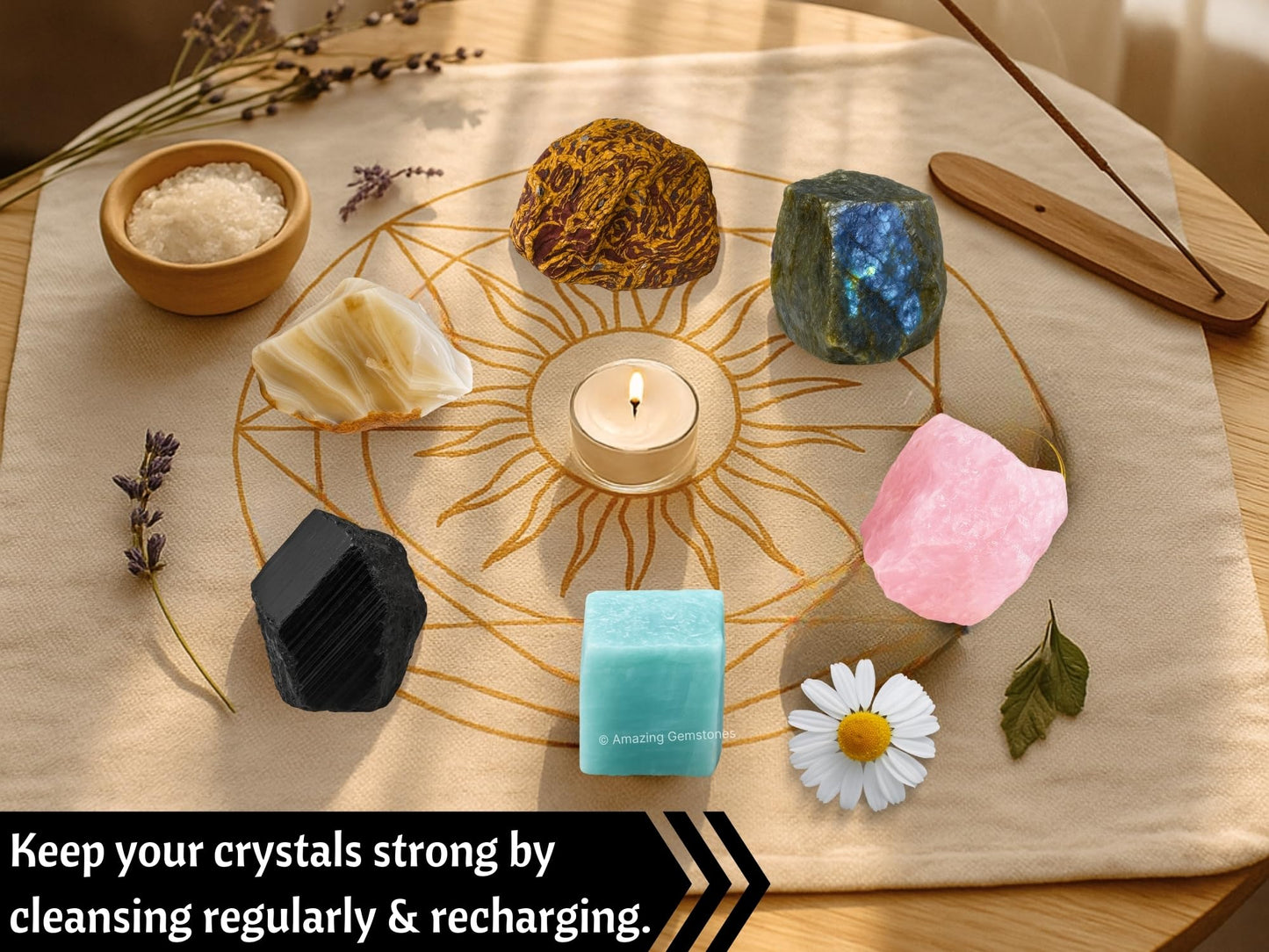 Amazing Gemstone Crystals for Mood Lifting Manifestation, Set of 6 Labradorite, Amazonite, Mariyam Jasper, Rose Quartz, Black Tourmaline and Lace Agate Healing Crystals and Stones
