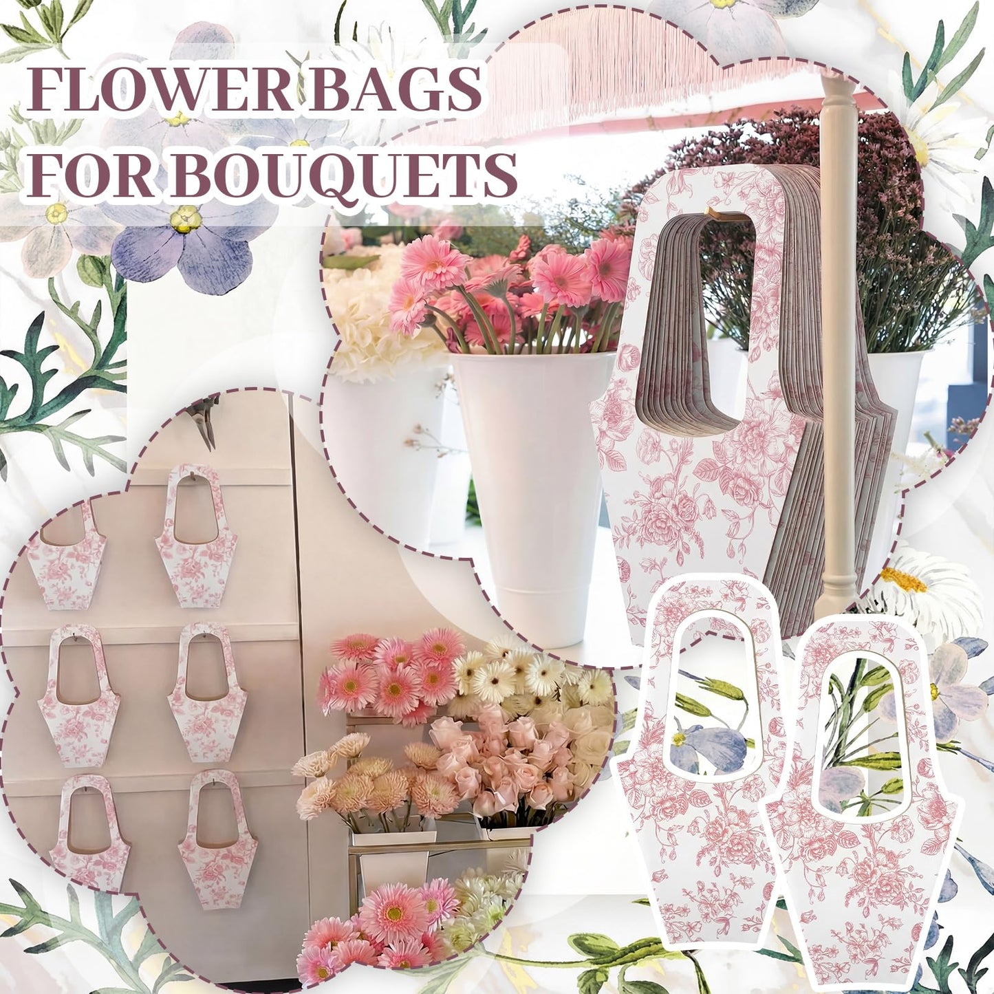 Fullhawl 24 Pack Flower Gift Bags for Bouquet, Craft Paper Flower Bouquet Holders with Handles, Floral Wrapping Bags for Bridal Shower Wedding Bachelorette Engagement Party Supplies(Pink)