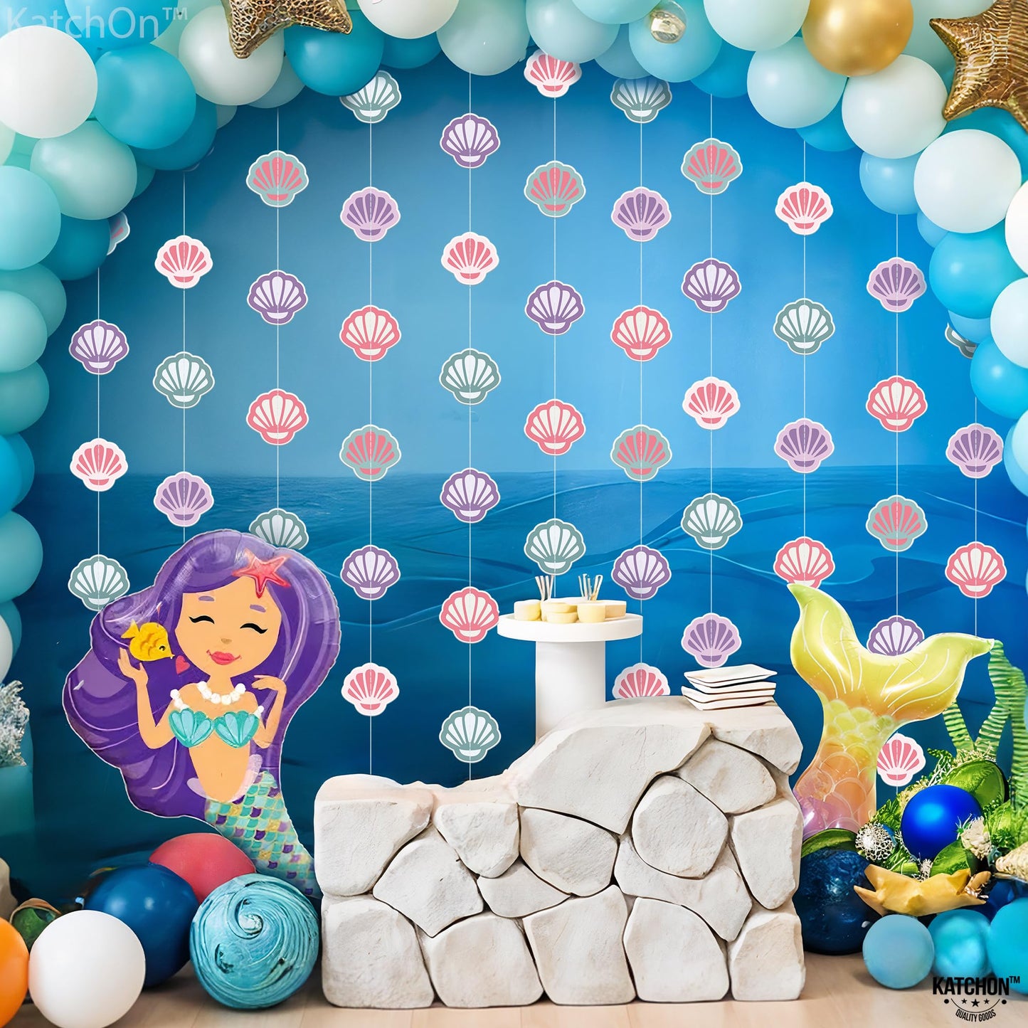 KatchOn, Seashell Banner Garland - 6.5 Feet, 8 Strings | Seashell Under The Sea garland, Under The Sea Party Decorations | Mermaid Garland, Mermaid Birthday Decorations, Ocean Themed Party Decorations
