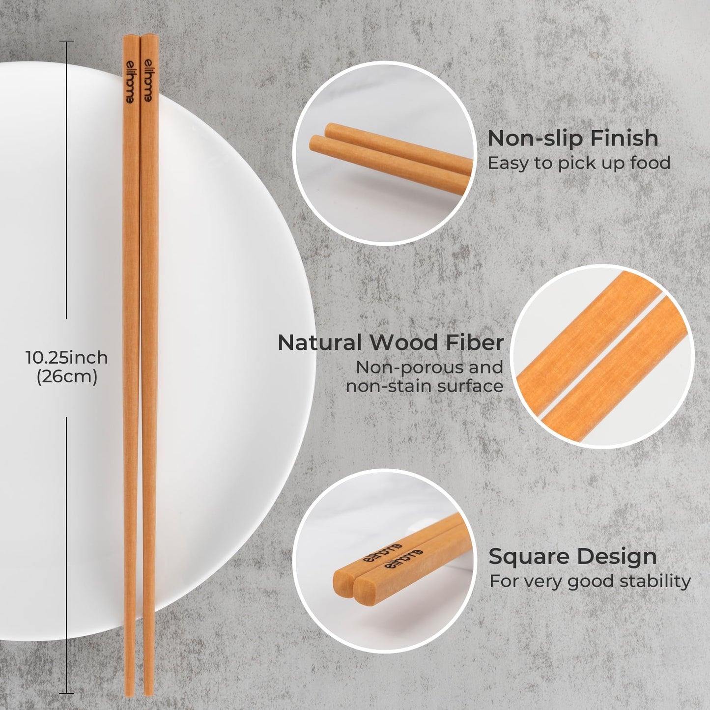 Elihome Premium Wood Fiber Chopsticks, Dishwasher Safe, Heat Resistant, Reusable Japanese Chinese Chopsticks, 26cm/10.25inch, Natural, 5 Pair
