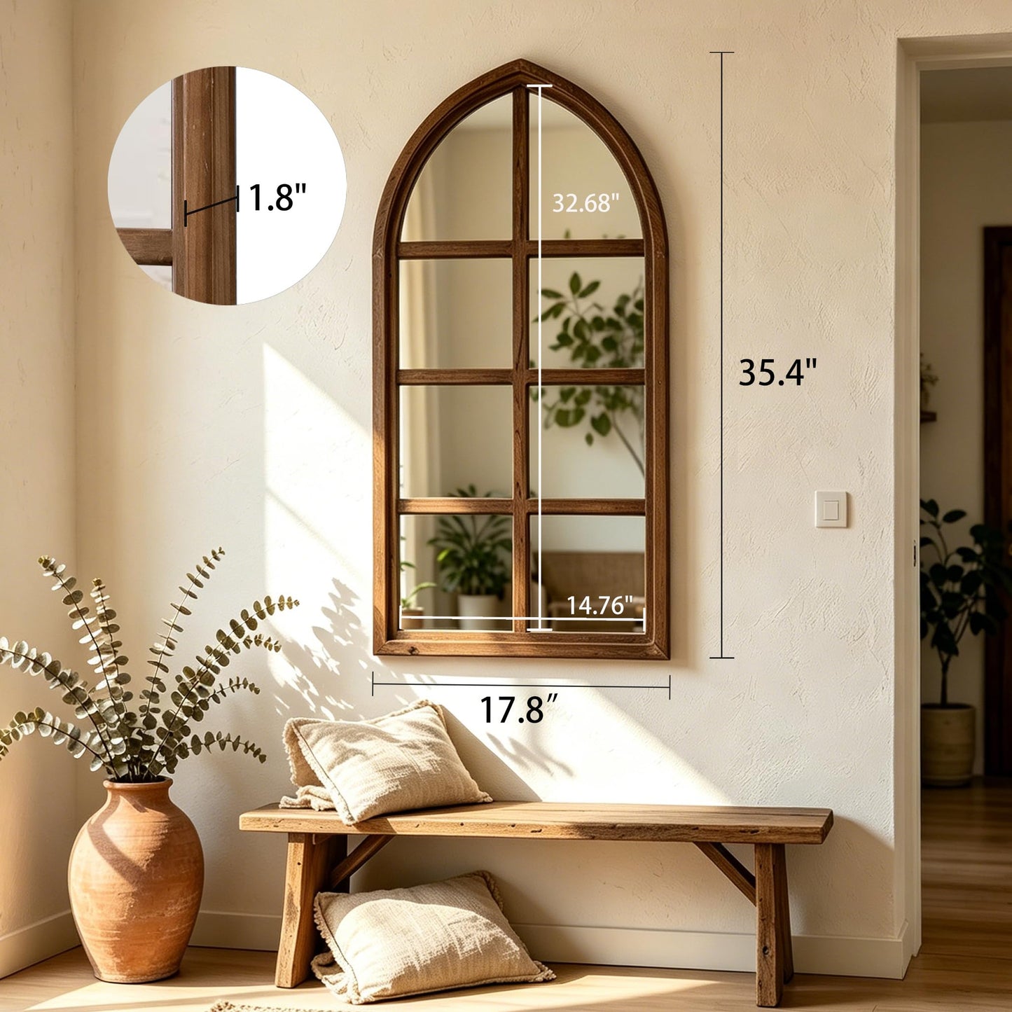 Sintosin Farmhouse Cathedral Window Pane Mirror Wall Decor 18 X 36 Inch, Hanging Distressed Wood Arched Window Mirror, Decorative Wall Mirrors for Living Room Bedroom Entryway
