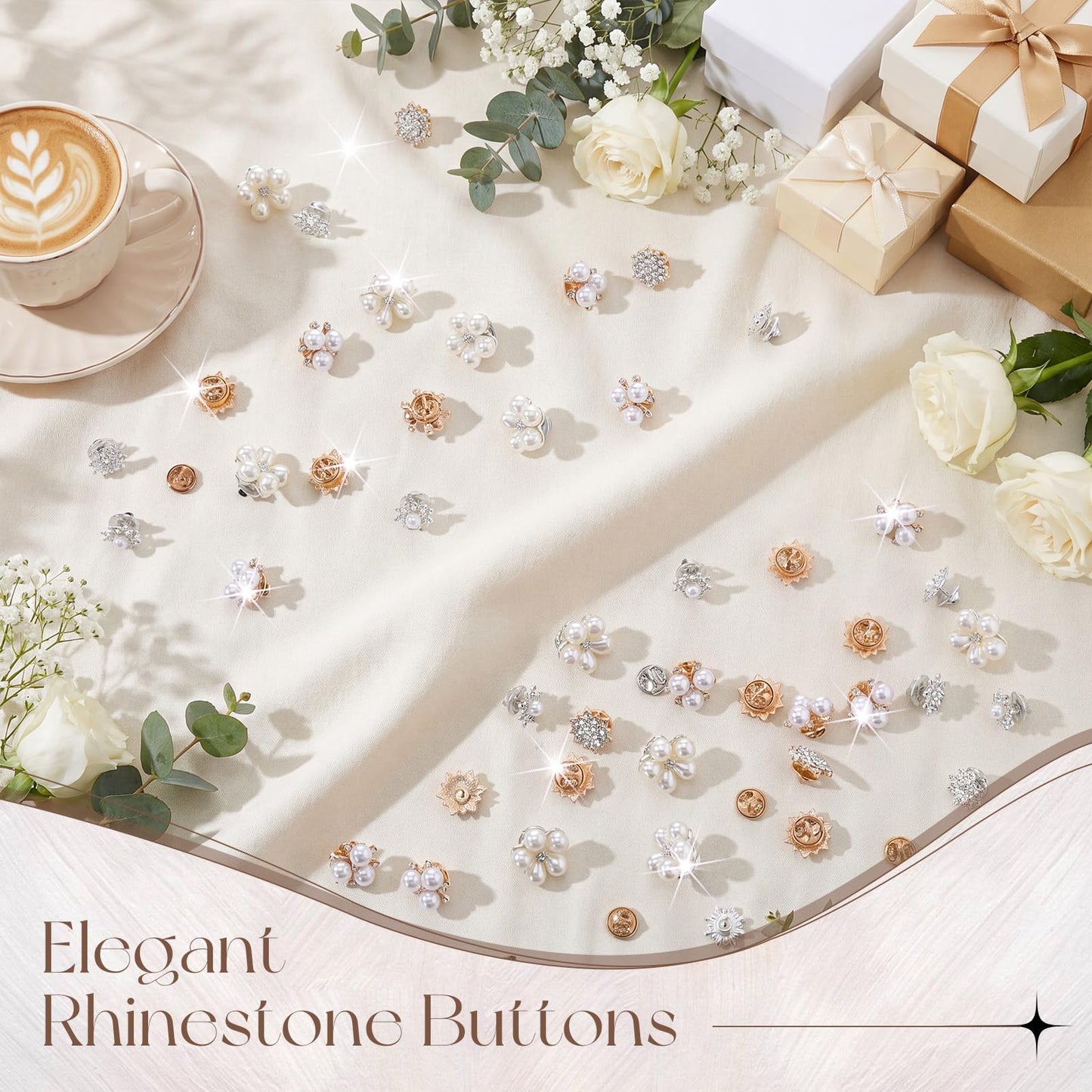 Trnayi 50 Pcs Flower Shape Pearl Rhinestone Brooch Embellishments Brooches and Pins for Women Lapel Pins No Sew Button Charms Accessories for Clothes Bags Wedding DIY Crafts, 5 Styles (Classic Style)