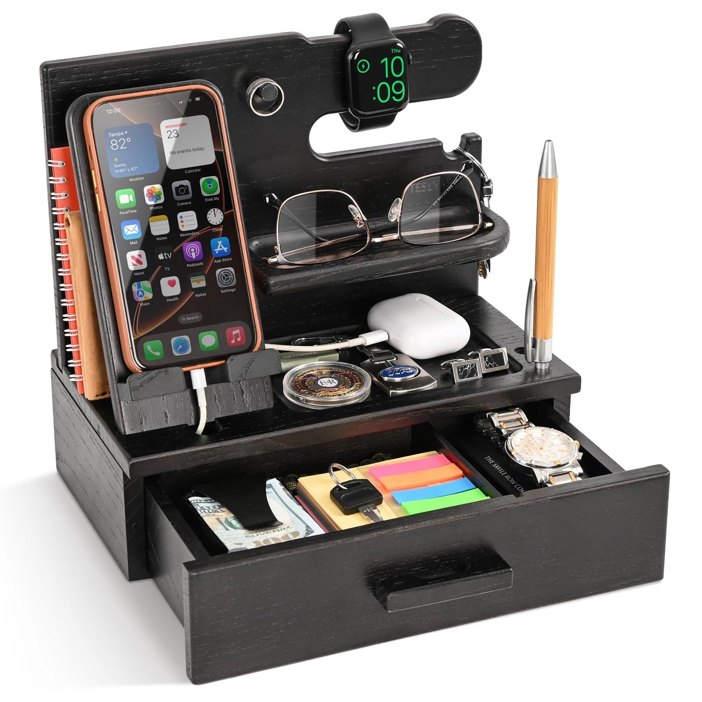 TESLYAR Wood Phone Docking Station with Drawer - Nightstand Organizer - Desk Organizer for Husband - Birthday Gifts for Men, Dad, Anniversary Idea, Key Holder Stand Watch & Accessories (Fumed Black)