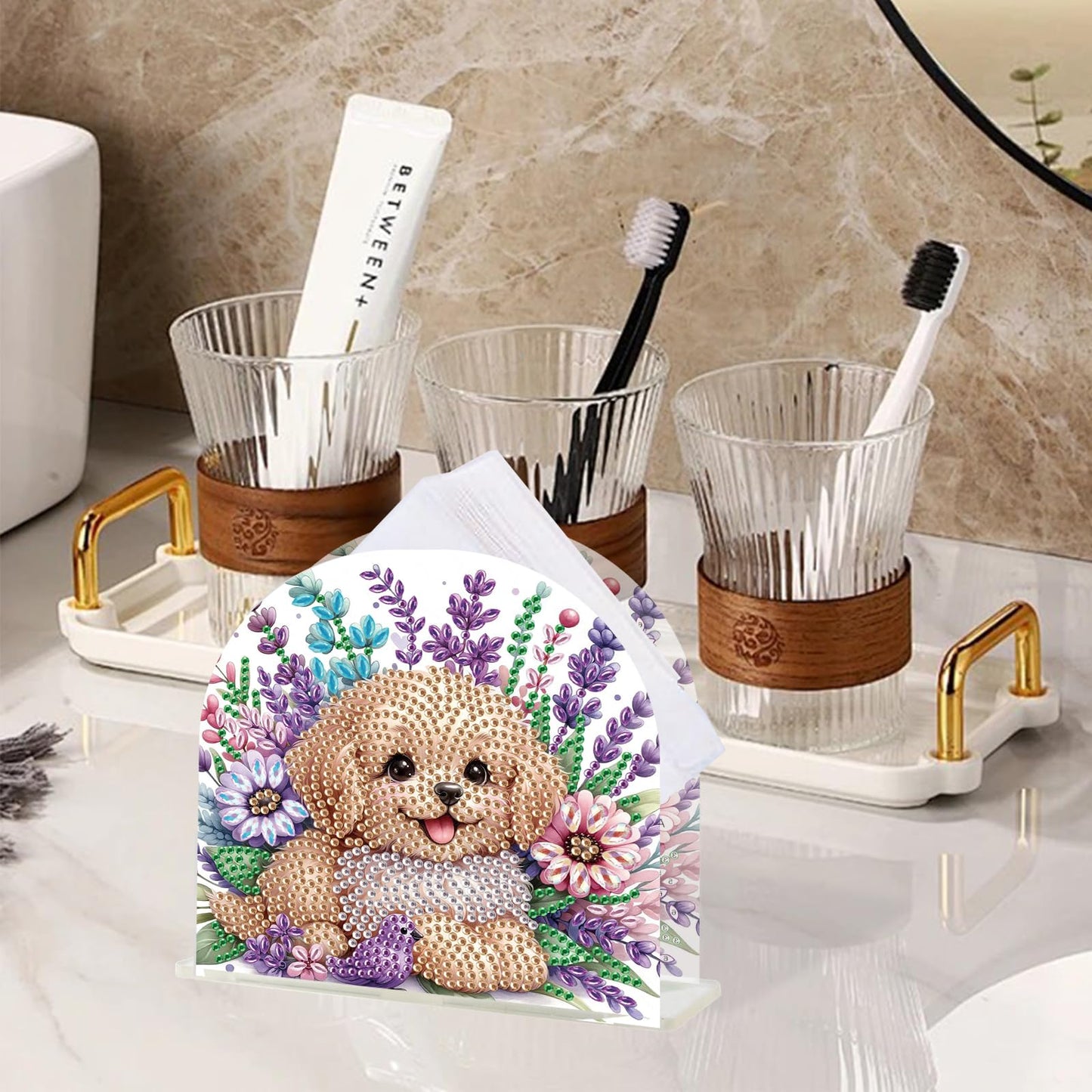 TDFERAN Diamond Art Napkin Holder, DIY Puppy Acrylic Tissue Storage Box for Table, Diamant Painting Kits Cocktail Napkin Holder, Diamond Painting for Paper Holders, Kitchen Decor