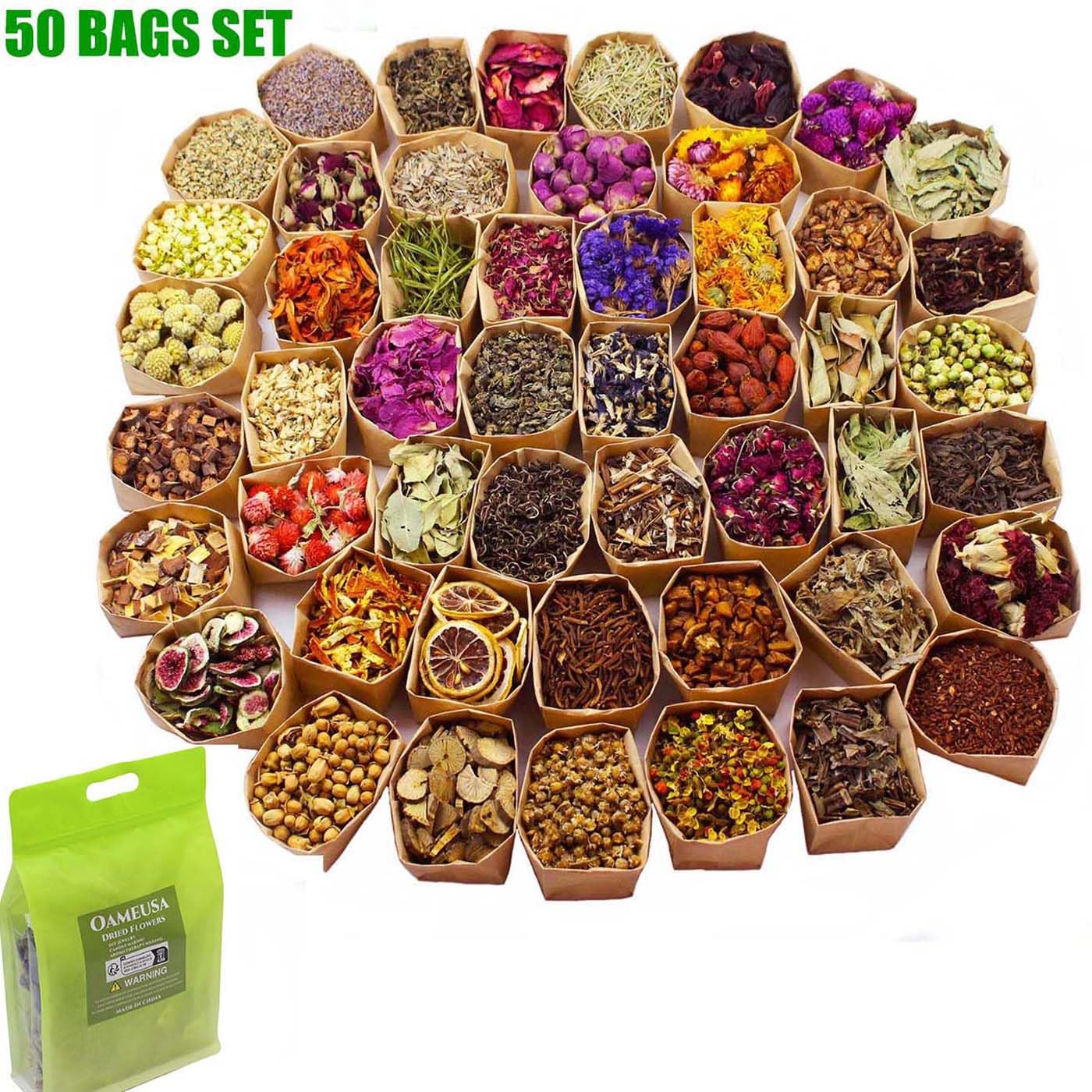 50 Packs Set - Dry Flower Craft Set, Dried Flowers, Dried Plants, Roses, Jasmine, Peonies, Lavender, Forget-me-nots, Witchcraft Kit, Resin Jewelry Making, DIY Candles, Seasonal Decorations