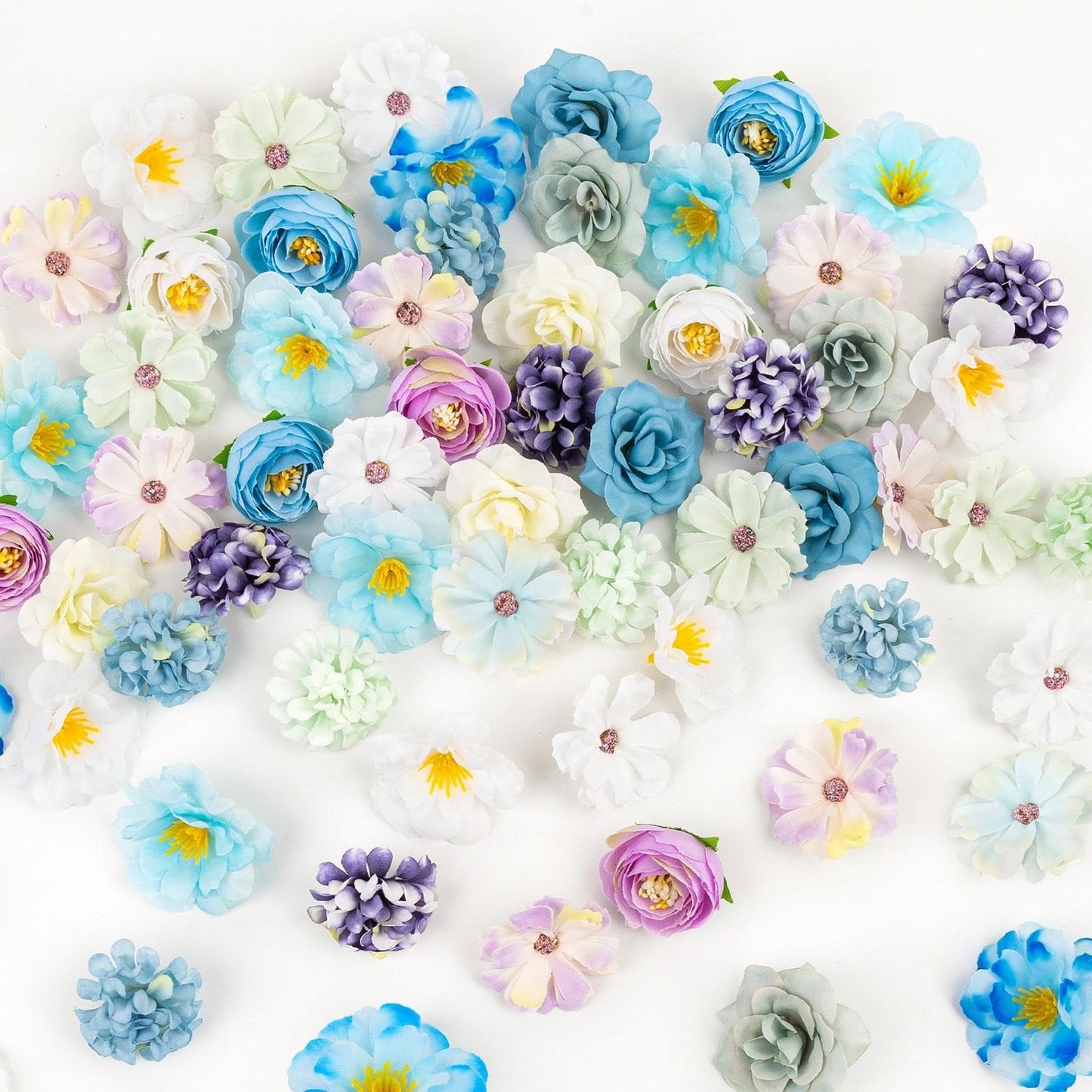 ATTGREAT Fake Flower Heads Mini Silk Flowrs Bulk Small Flower 3D Loose Faux Daisy Rose Sunflowers Plum Blossoms Craft for Wedding Party Cake Baby Shower Home Decor, 110Pcs(Blue)