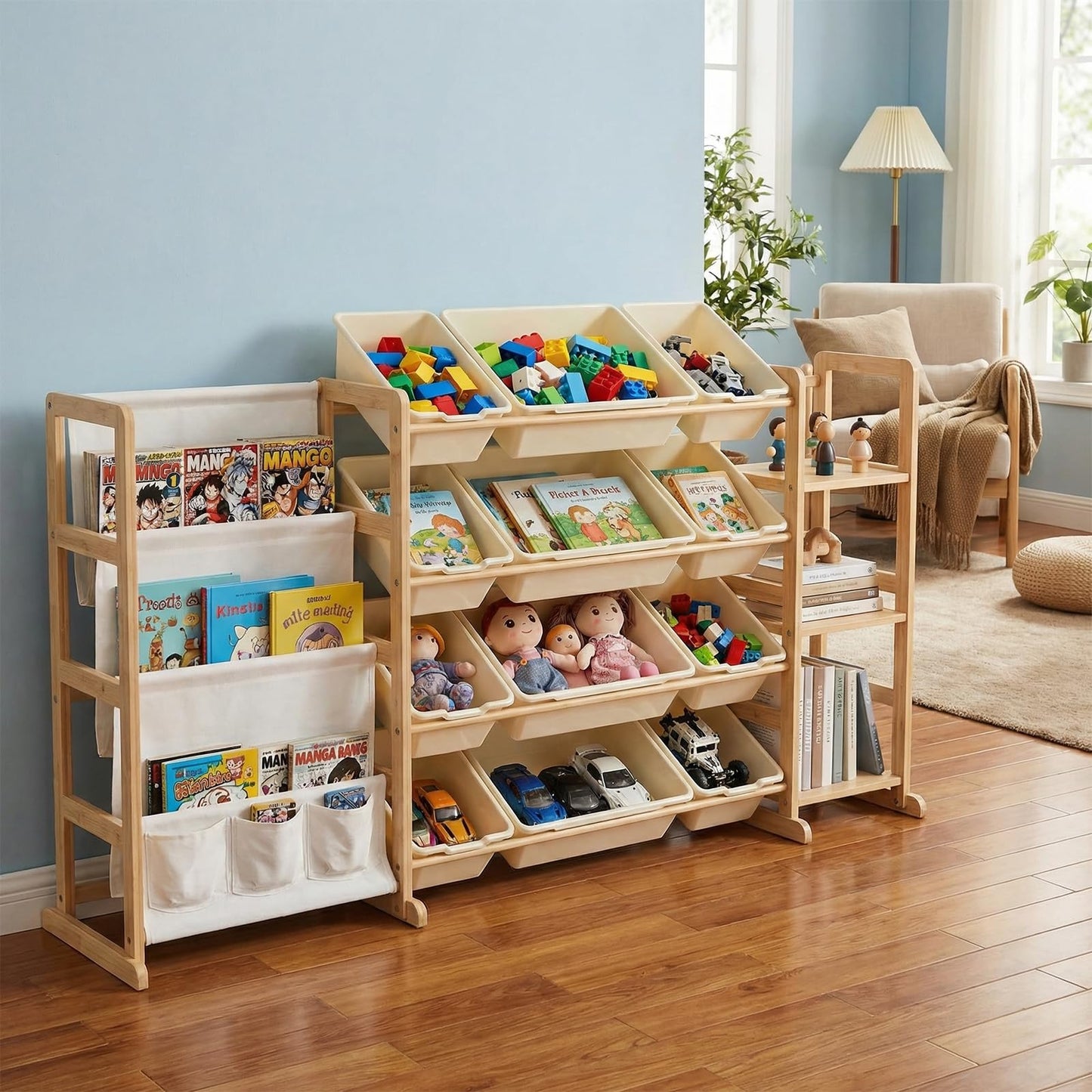 rhinowisdom Large Toy Storage Organizer with 12 Bins, 4-Tier Bookshelf & 3 Side Shelves, 59" Wide Kids Room Organization, Easy Assembly for Playroom, Bedroom, Nursery Room, White