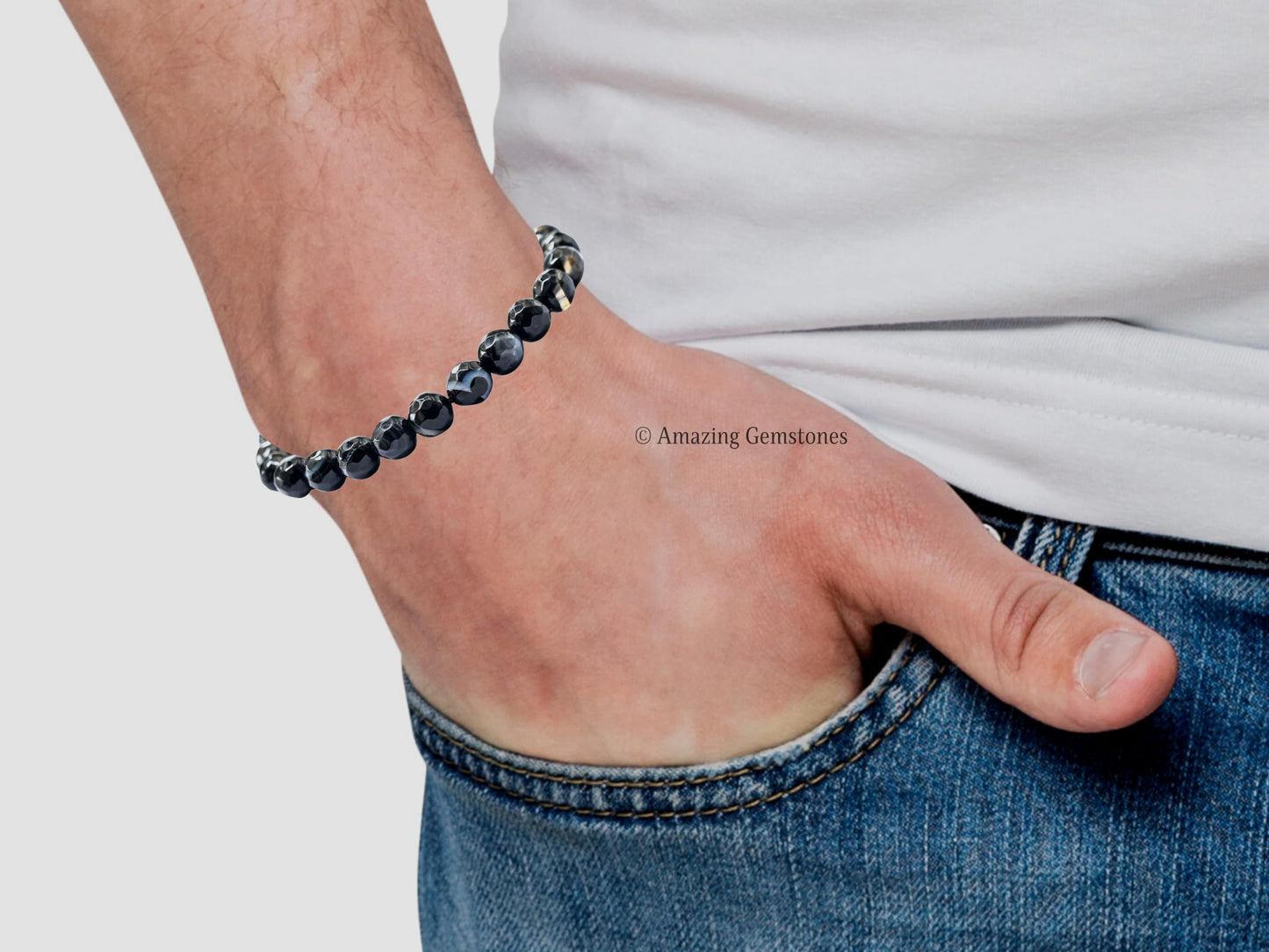 Amazing Gemstone Black Hakik Bracelet for Women - Chakra Mens Bracelet Protection Crystals and Healing Stones - Faceted Beaded Blessing Bracelet Spiritual Meditation Gift (Adjustable)