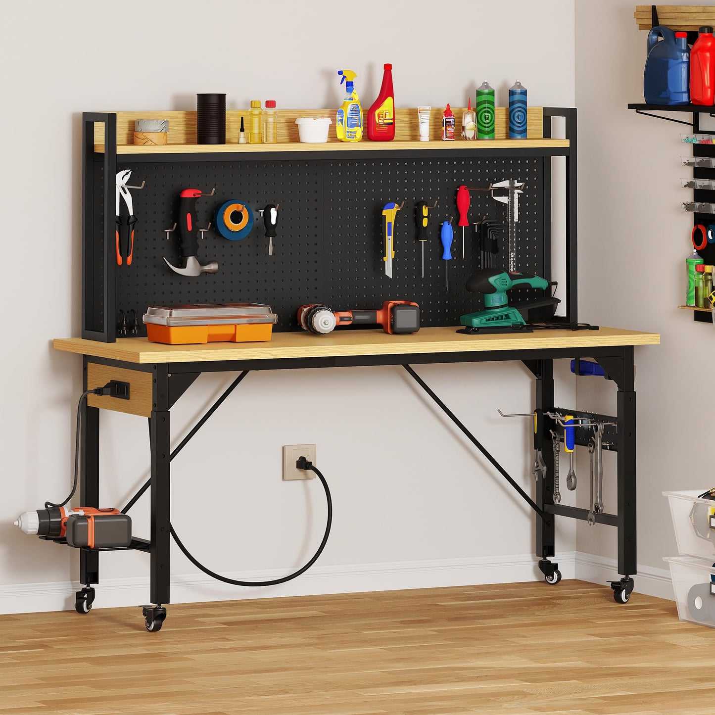 YITAHOME 60" Adjustable Workbench with Pegboard, Wheels & 1600 LB Capacity, Rolling Work Table with AC/USB Outlets, Hooks, and Rack, Heavy-Duty Work Bench for Garage, Workshop, Office, or Home