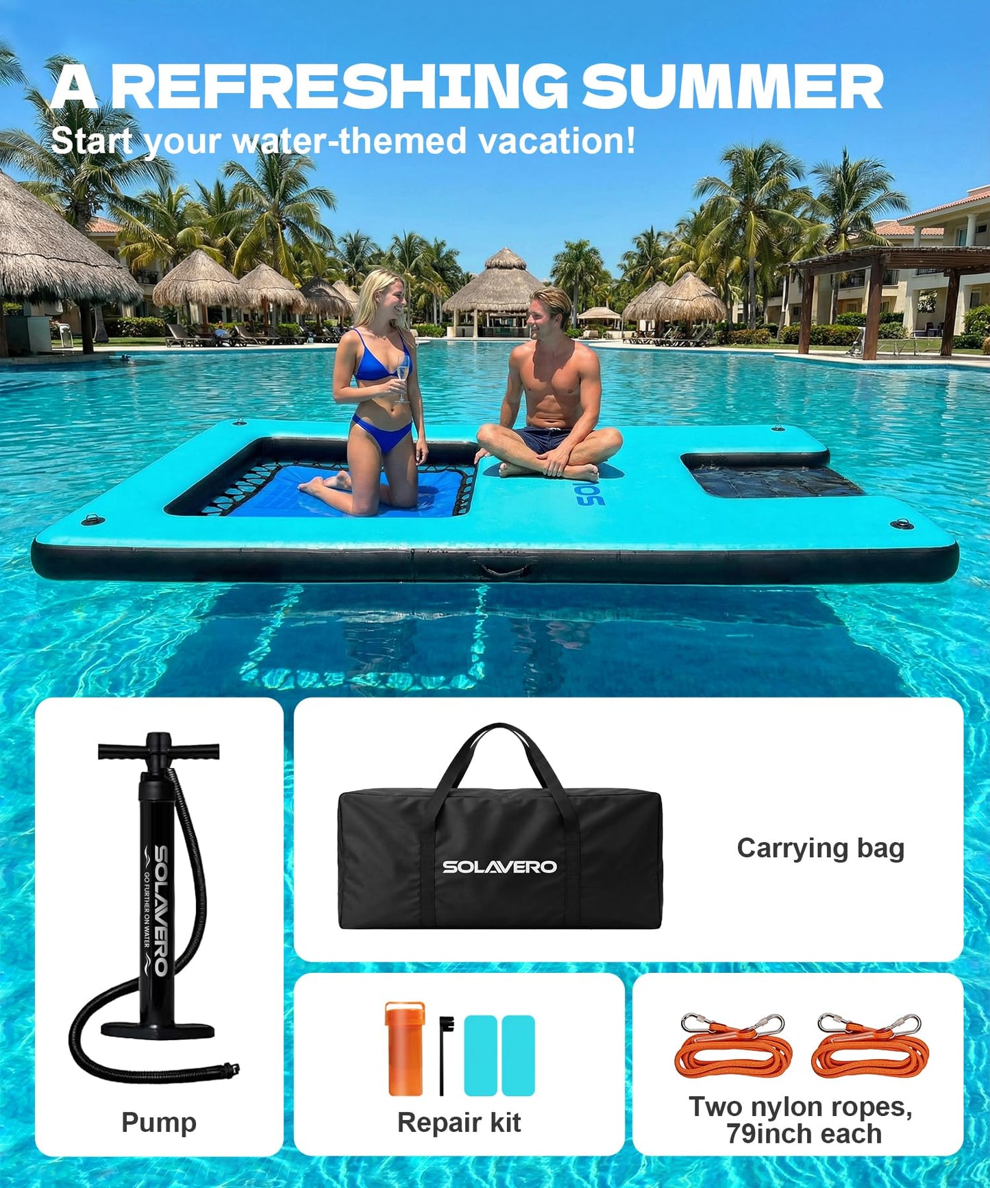 SOLAVERO 10x6ft Inflatable Floating Dock with Water Ramp, Heavy Duty Floating Platform for Adults & Dogs, Non-Slip Lake Float with Mesh Hammock, Cup Holders for Pool, Lake, Boat, Party