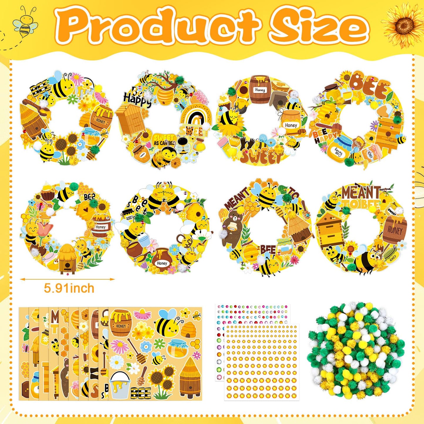 Hollowfly 48 Sets Bee Wreath Crafts Kits DIY Honey Bee Wreath Hanging Ornaments Make Your Own Paper Honeybee Craft with Sunflower Honey Flower Stickers for Summer Home Party Favors Activities