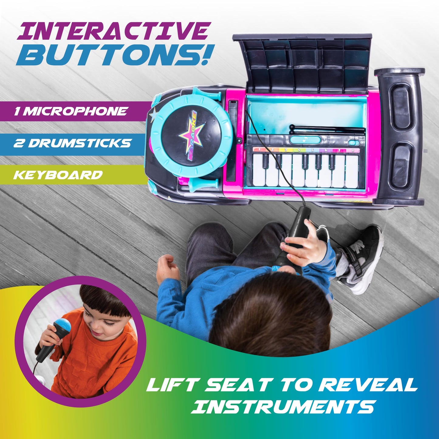 Toddler Ride On Toy - Push Car, Interactive Musical Toys for Toddlers 1-3 with Microphone, Keyboard & Drumsticks, Toddler Activities, Foot to Floor, Durable Baby Car, Easy Assembly, Baby Toy