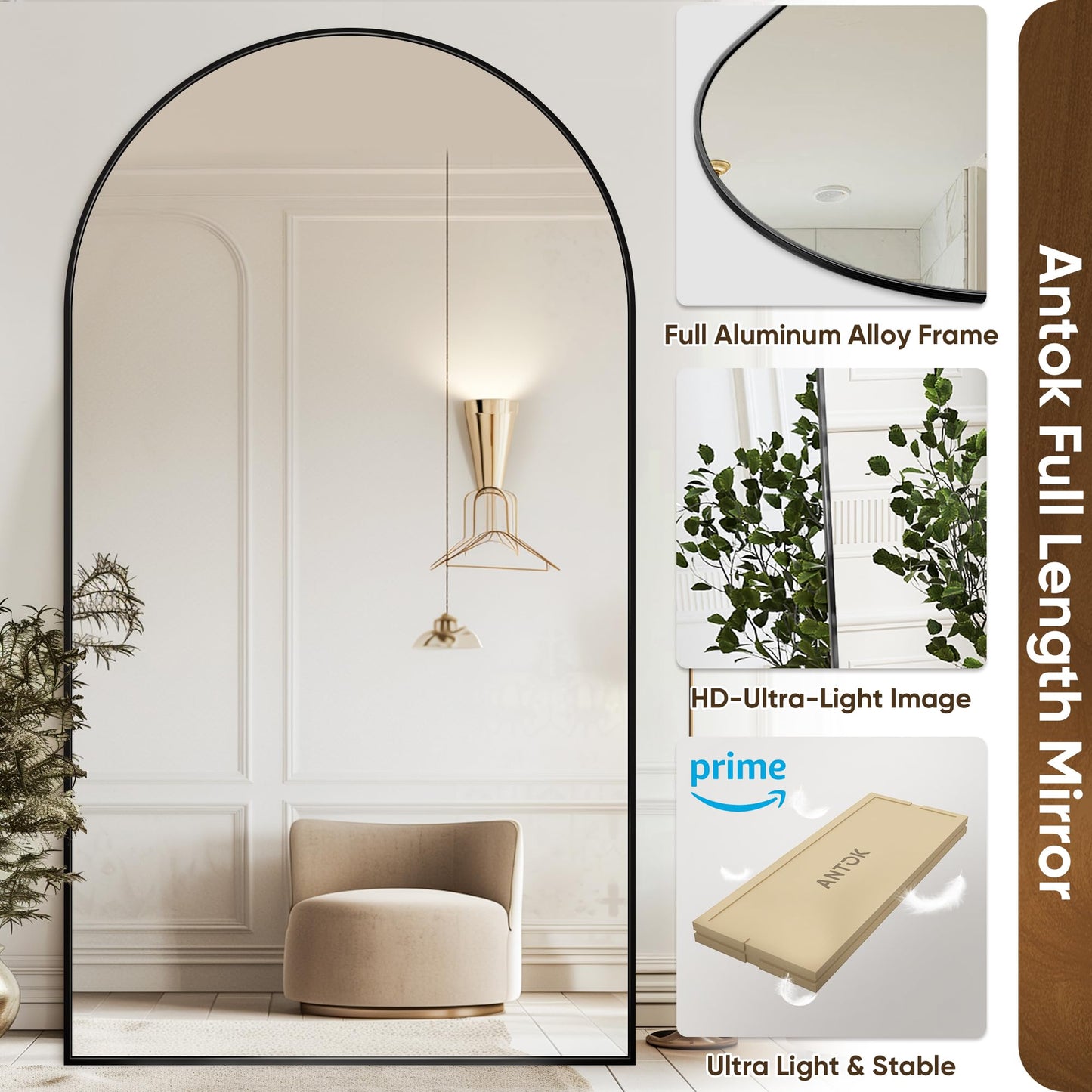 Antok Oversized Full Length Mirror with Stand, 83"x44" Arched Floor Mirror, Aluminum Frame, Wall Mounted/Leaning/Free Standing, Large Body Mirror for Bedroom Living Room Entryway Dressing Room,Black