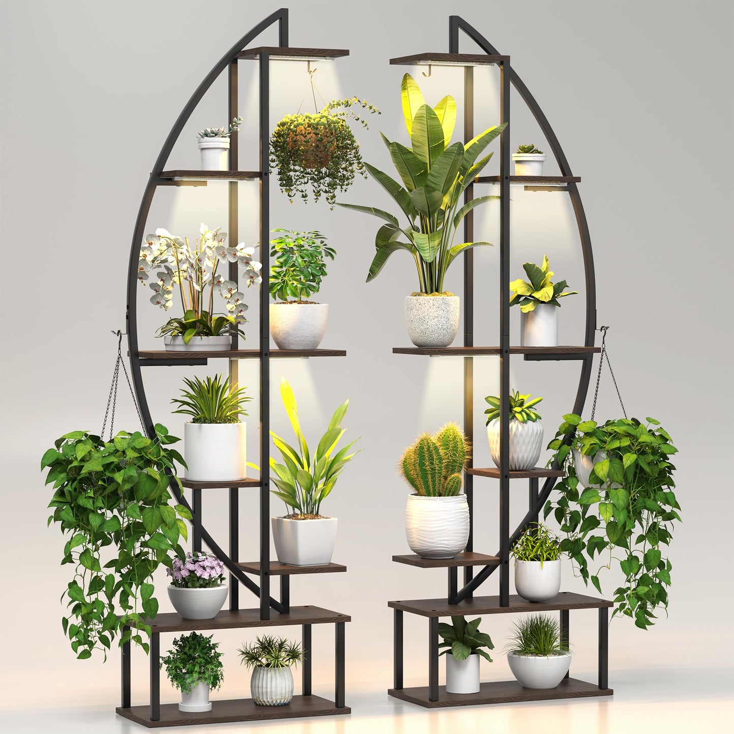BLAZPATH Plant Stand Shelf Indoor with 6 Grow Light, 7 Tiered 65" Tall Black Large Half Moon Lighted Plant Rack Holder, 2 Pack Big High Circular Arch Multi Herb Stand with Built in LED Grow Light Set