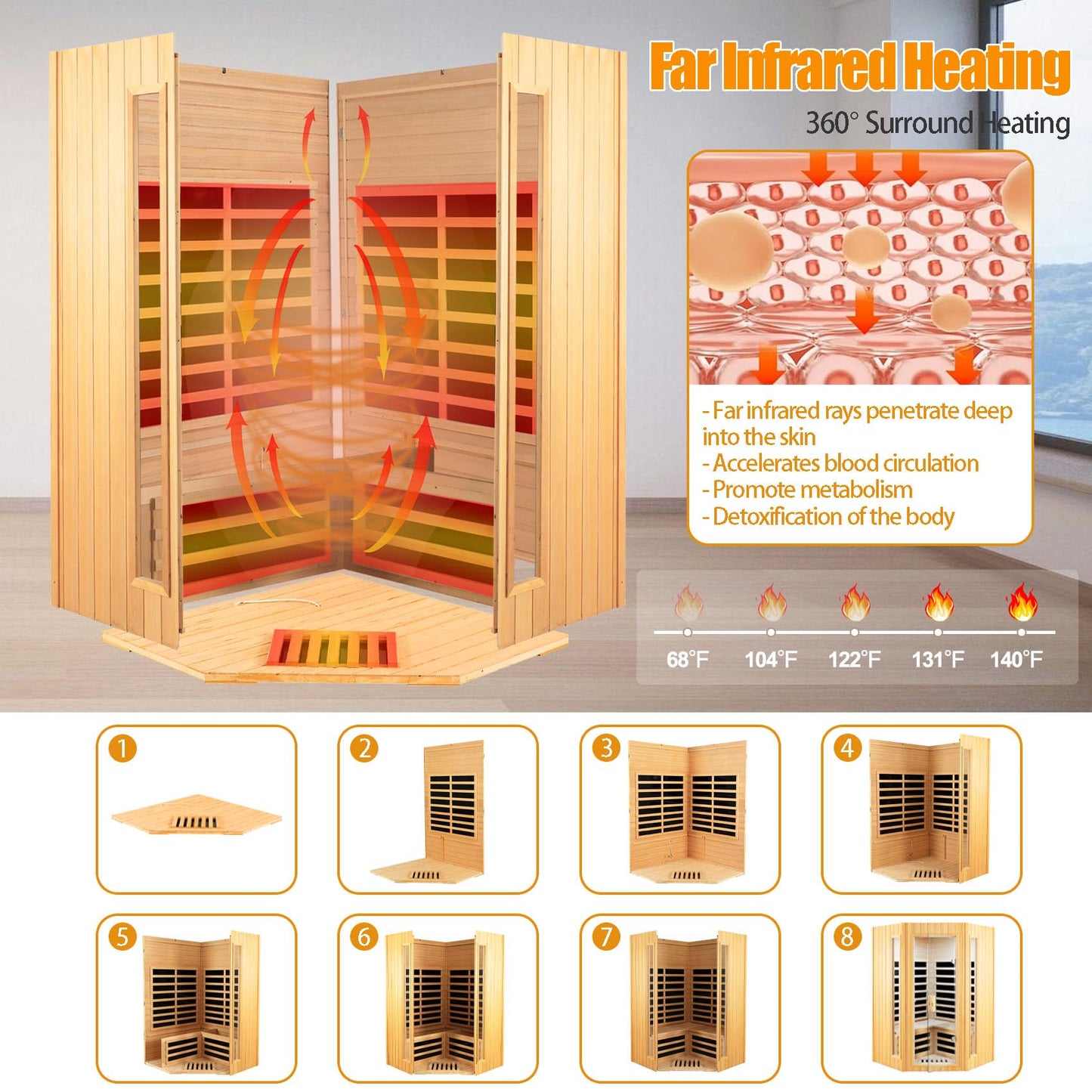 Far Infrared Sauna, 2-3 Person infrared sauna for home, Indoor Home Sauna Canadian Hemlock Wooden Sauna Dry Sauna with 7 Low EMF Heating Panels, Bluetooth Speakers, LED Reading Lights, 1670W