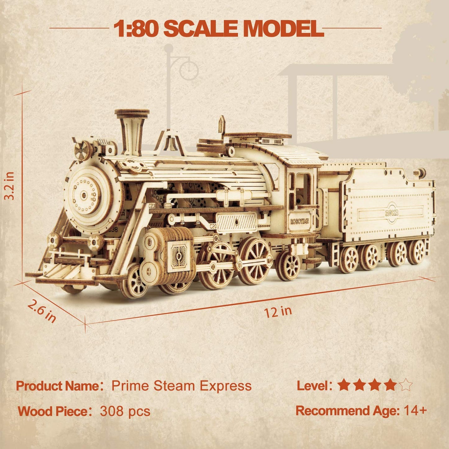 ROKR Model Car Kits Wooden 3D Puzzles Model Building Kits for Adults to Build-Educational Brain Teaser Assembly Model, Desk Decor/DIY Hobbies/Gifts (Prime Steam Express/12.1 * 2.7 * 3.3)