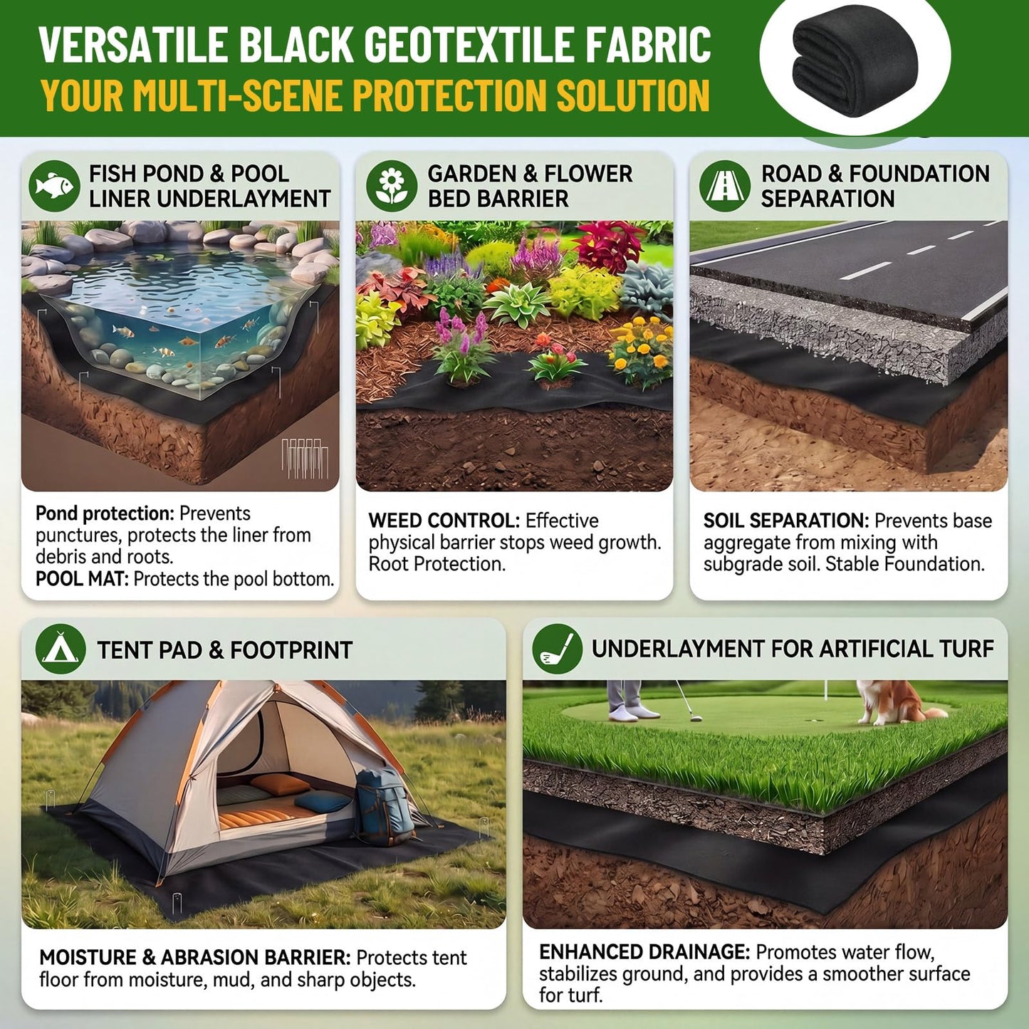 Fanfanwin 20 x 25 ft Pond Liner Underlayment 6oz Heavy Duty Black Non Woven Geotextile Underlayment Fabric with 10 U-pins for Outdoor Pond Streams Fountains Garden Waterfalls Fishpond Weed Barrier