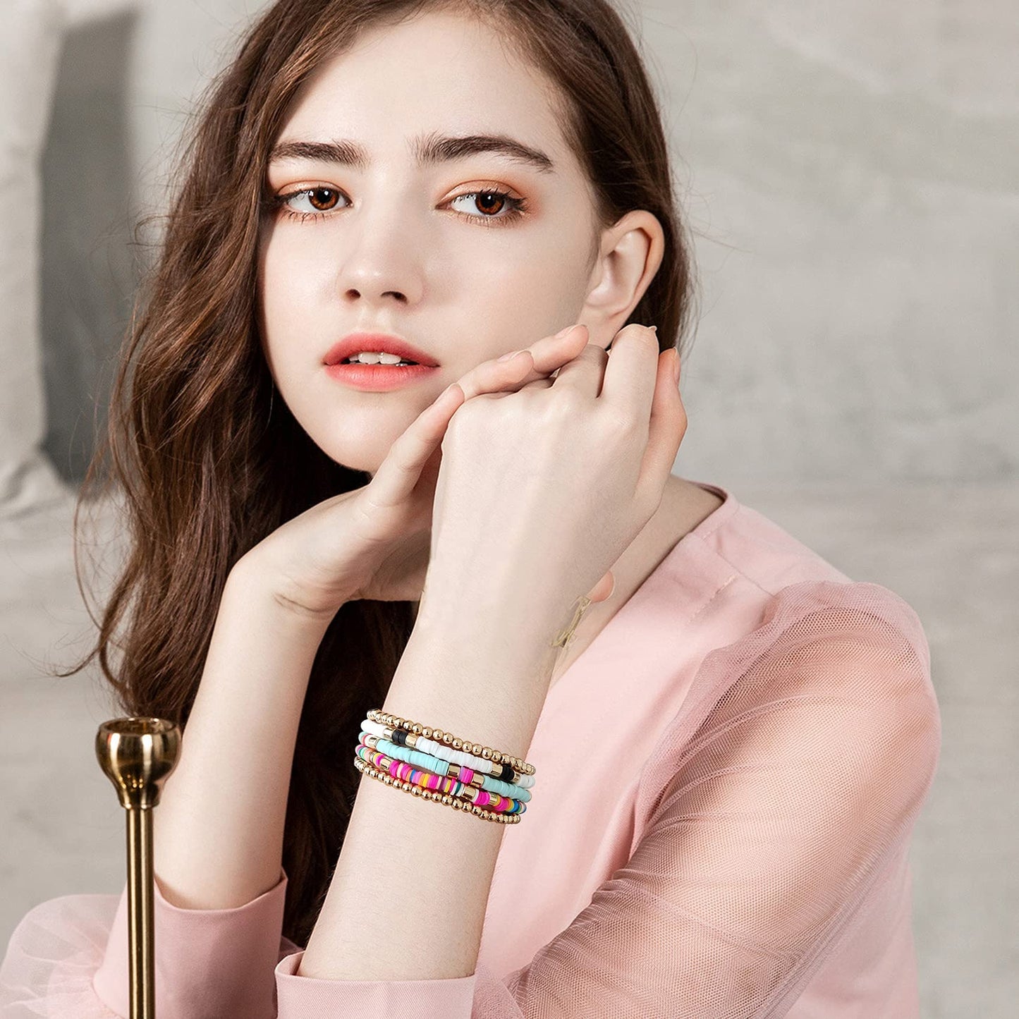 GOOJIDS Surfer Heishi Clay Bead Bracelets for Women Bohemian Stackable Gold Plated Beaded Stretch Bracelets Elastic Layering Friendship Bracelets Set Boho Jewelry