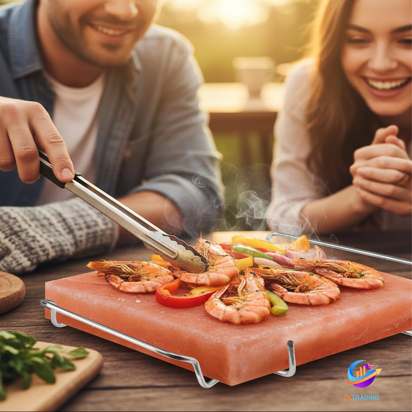 ZK Himalayan Salt Cooking Block 8x8x1” Plate with Steel Tray Holder- Food Grade Rock Salt for Grilling, Cutting, and Serving, Salt Slab a Unique Gift for Men, Women, Chefs & Cooks