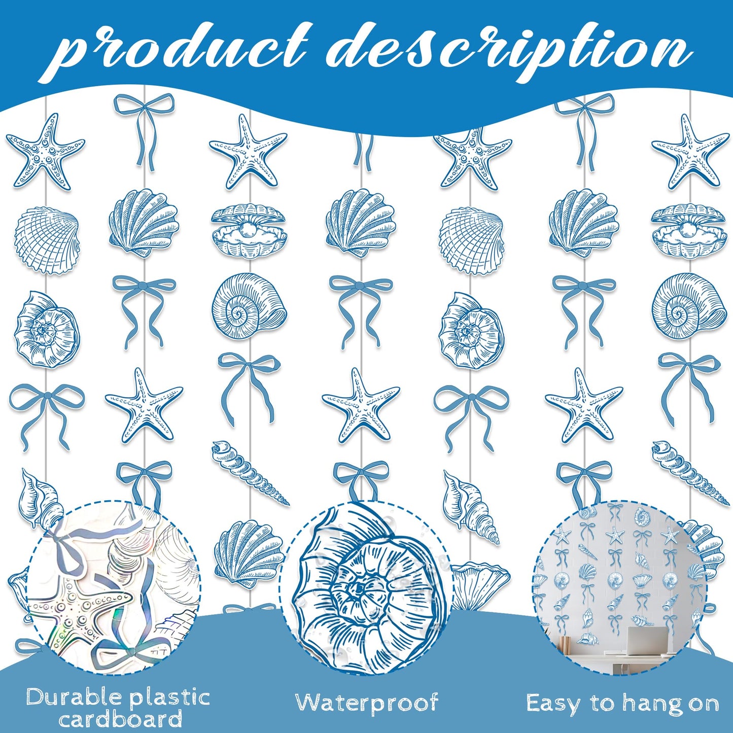 Sea Blue Bow Starfish and Seashell Garlands Summer Ocean Party Supplies 8PCS Coastal Starfish and Seashell Banners Nautical Party Decorations for Marine Baby Shower Wedding Bachelorette Decor