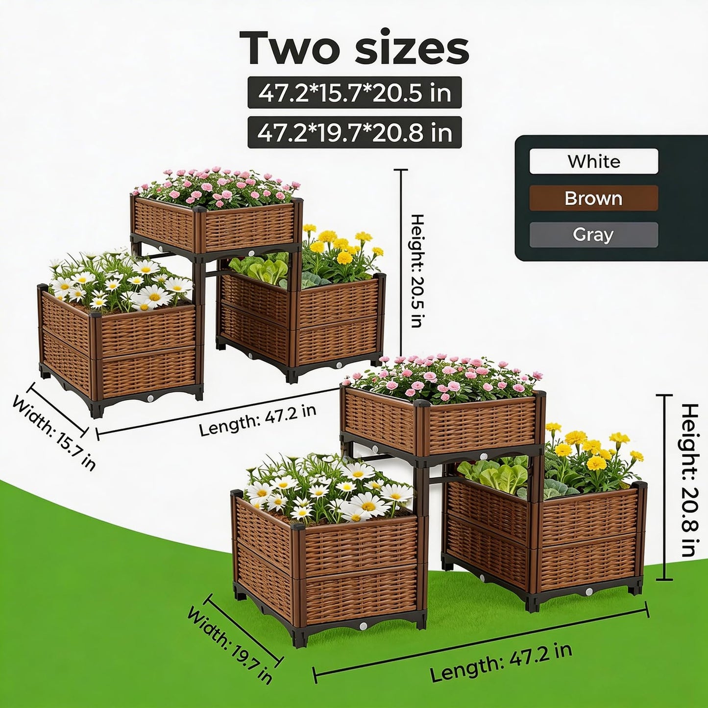 3PCS Raised Garden Beds Outdoor with Legs Planter Box, 47x16x21in Reinforced Support Rods, Drainage Grid, Multi-Combination Options for Vegetables, Flowers, Herbs, Ideal for Balcony, Patio Gardening