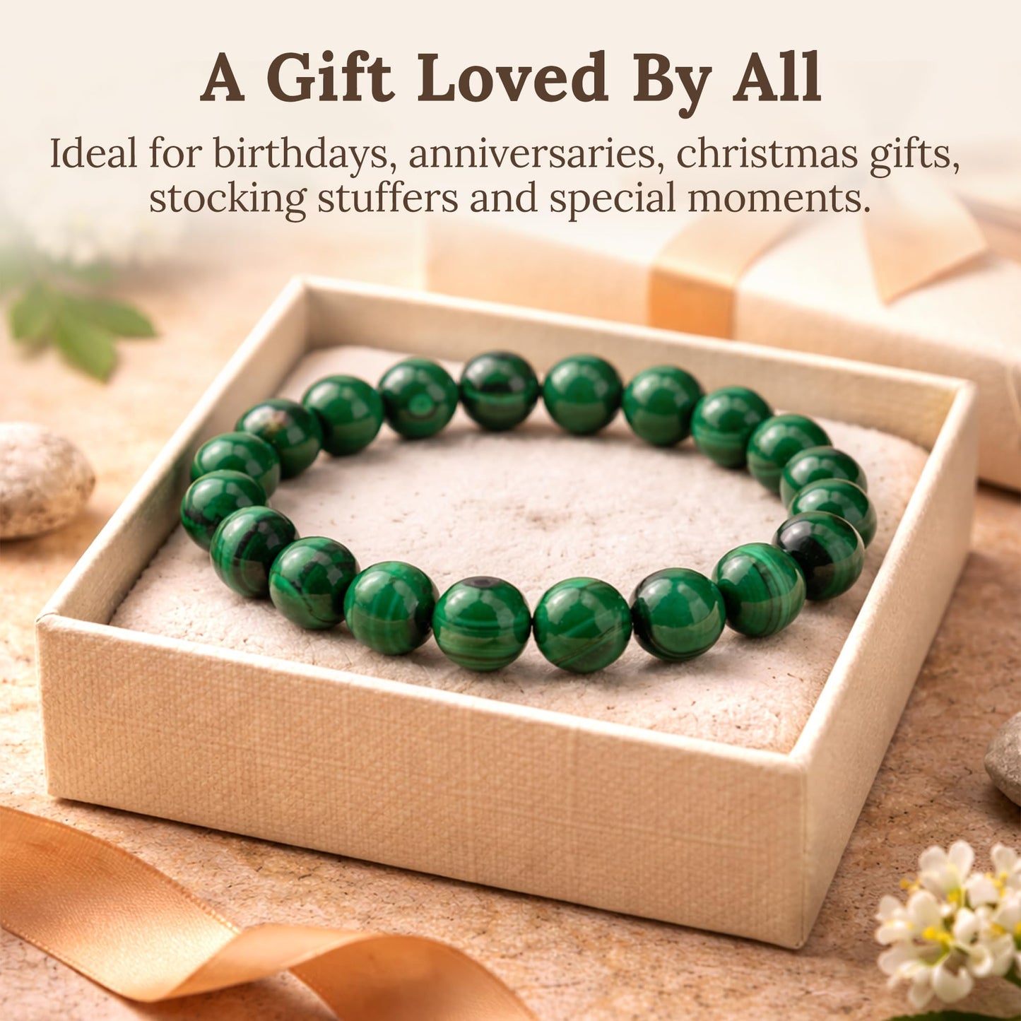 Elm City Direct 8mm Natural Stone Beaded Bracelet – Unisex Crystal Stretch Bracelets for Men & Women, Chakra & Healing Jewelry, Gift-Ready Beaded Bracelets (Malachite, 8mm)
