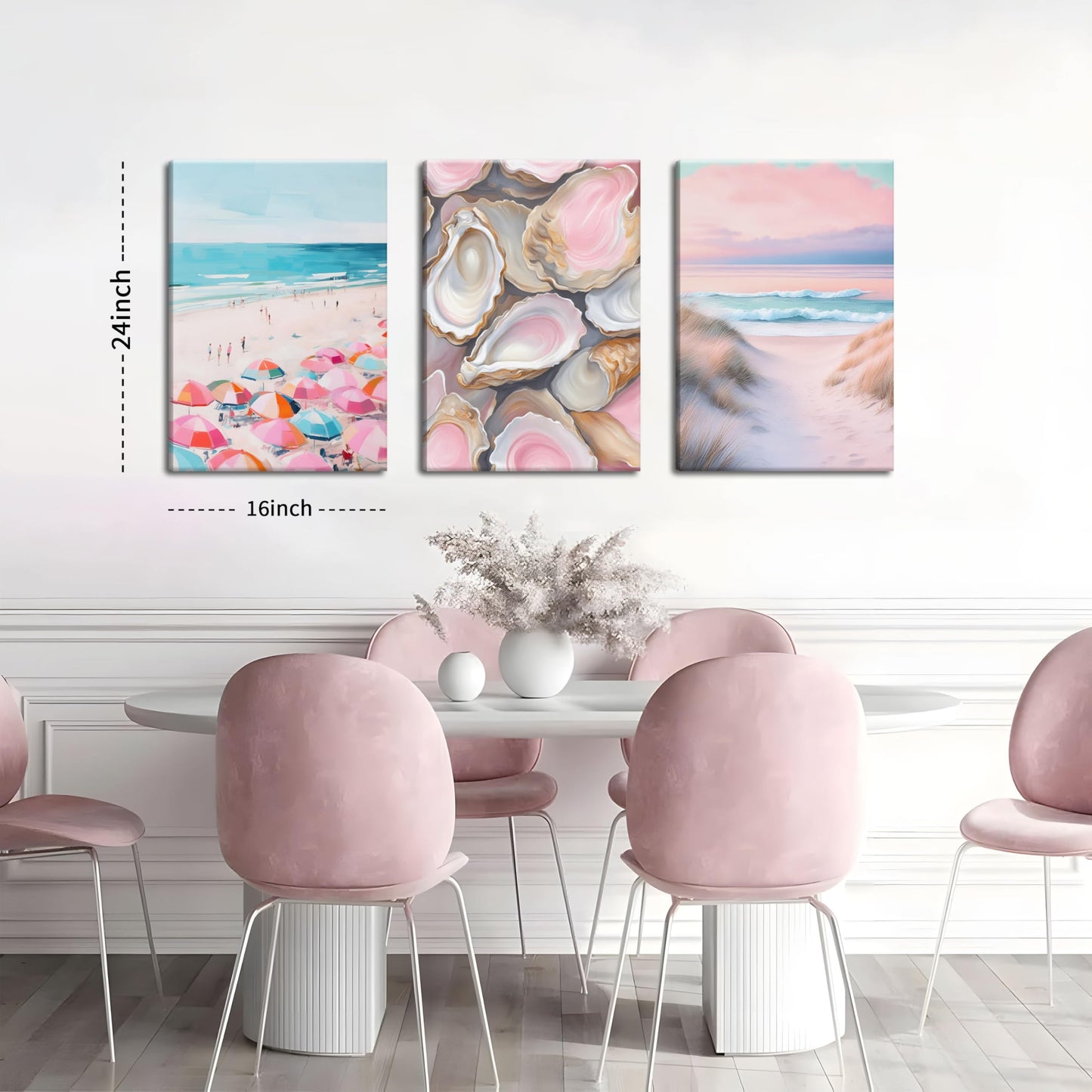 Preppy Coastal Canvas Wall Art Set of 3, Trendy Pink Beach Wall Decor Paintings, Summer Beachy Shells Oyster Aesthetic Posters Prints Pictures for Girls Room Dorm Bathroom Bedroom 16x24 Inch Framed