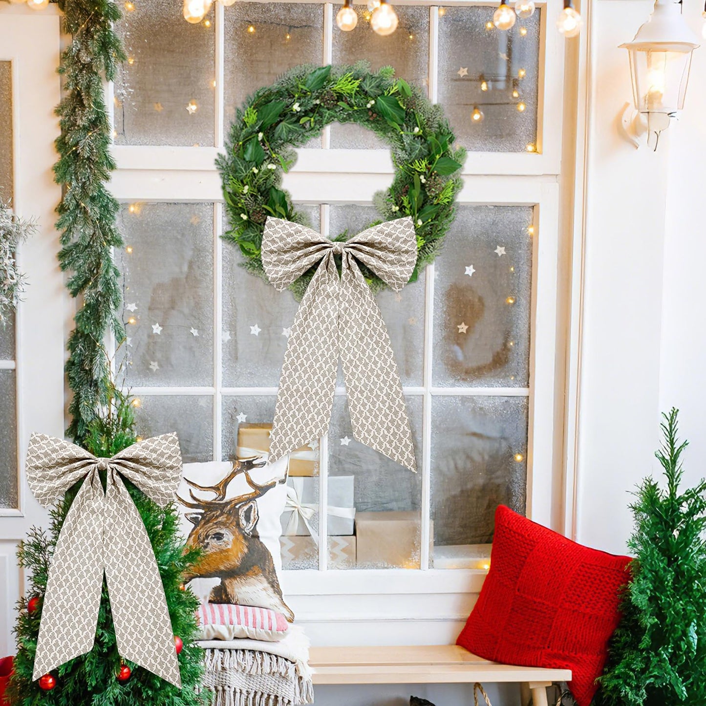 HunnmingRe 2 Pcs Driftwood Block Print Bow Wreath Sash 24 x 16 Inch Christmas Wreath Sash for Front Door Holiday Floral Burlap Bow Accessories for Doorway Indoor Outdoor Garland Home (Beige)