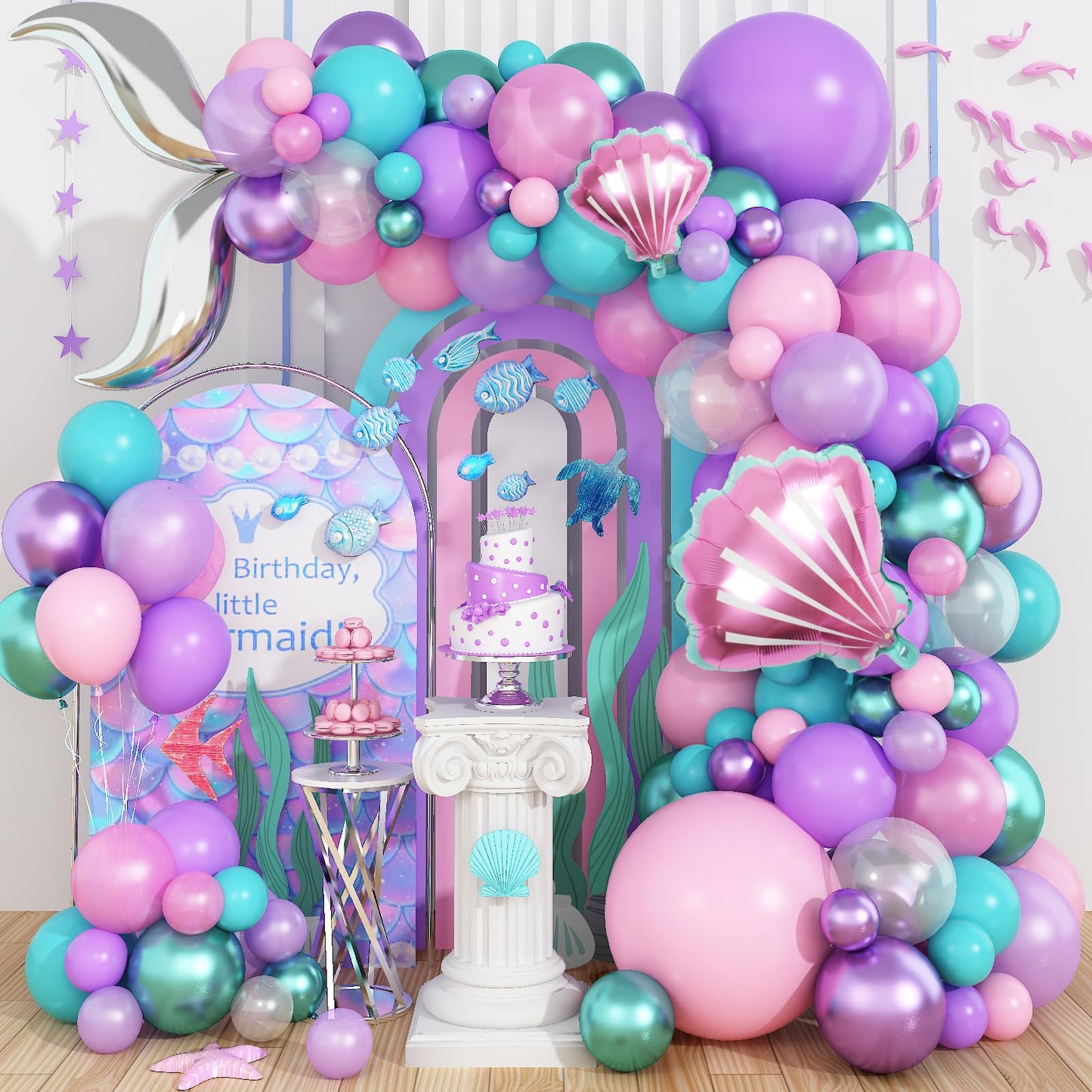 Mermaid Balloon Arch Garland Kit, Mermaid Tail Balloon Garland with Pastel Pink Purple Green Teal Metallic Latex Balloons for Girls Birthday Baby Shower, Under the Sea Shell Theme Party Decor Supplies