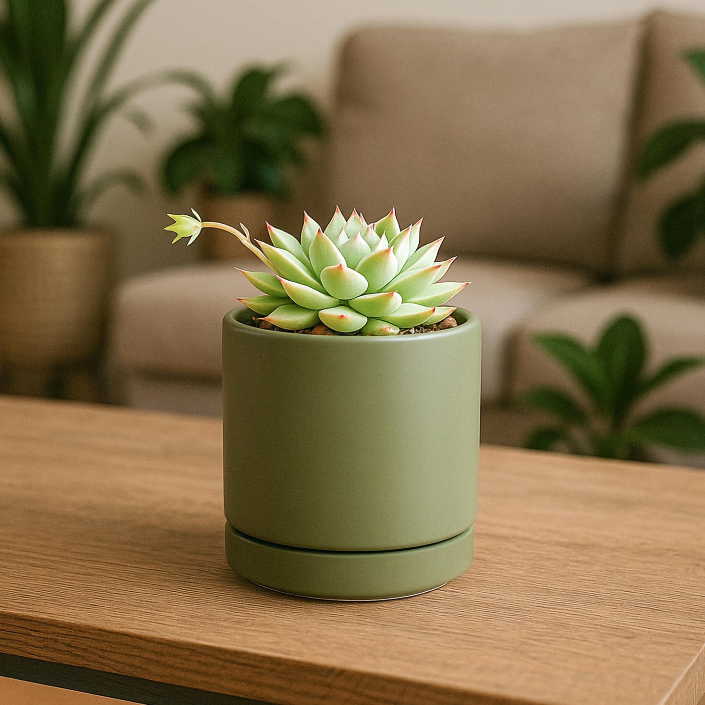 D'vine Dev Set of 2 Plants Pots, 3.5 Inch Ceramic Planter Pot for Plants with Drainage Hole and Saucer, Olive, 94-V-A-J