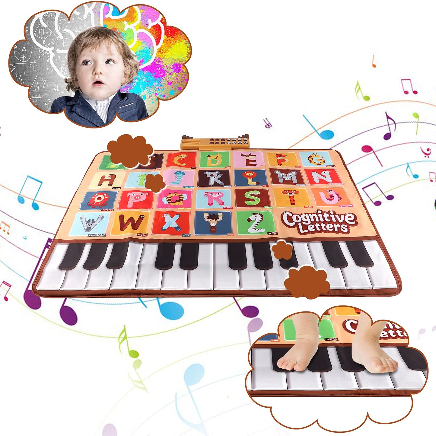 Bluejay Baby Piano Mat, Musical Keyboard Learning Toys with 26 Letters, Electronic Music Animal Touch Play Mat Toddler Toys Gifts for Boys and Girls 1 2 3 Year Old