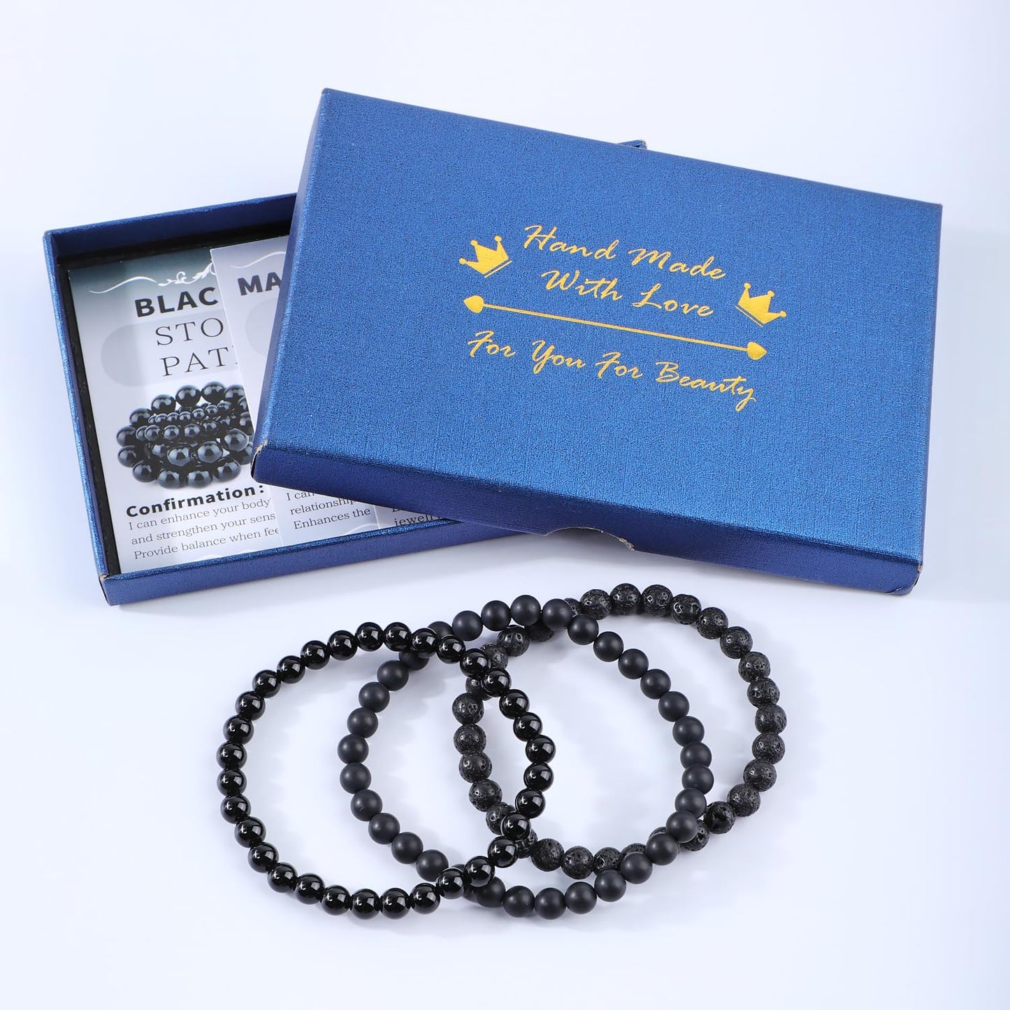 NCB 3-Piece 6mm Natural Crystal Gemstone Stretch Bracelets – ﻿Black Lava, Black Onyx, Matte Black Agate Handmade Reiki Energy Healing Jewelry for Meditation,Yoga, Unisex