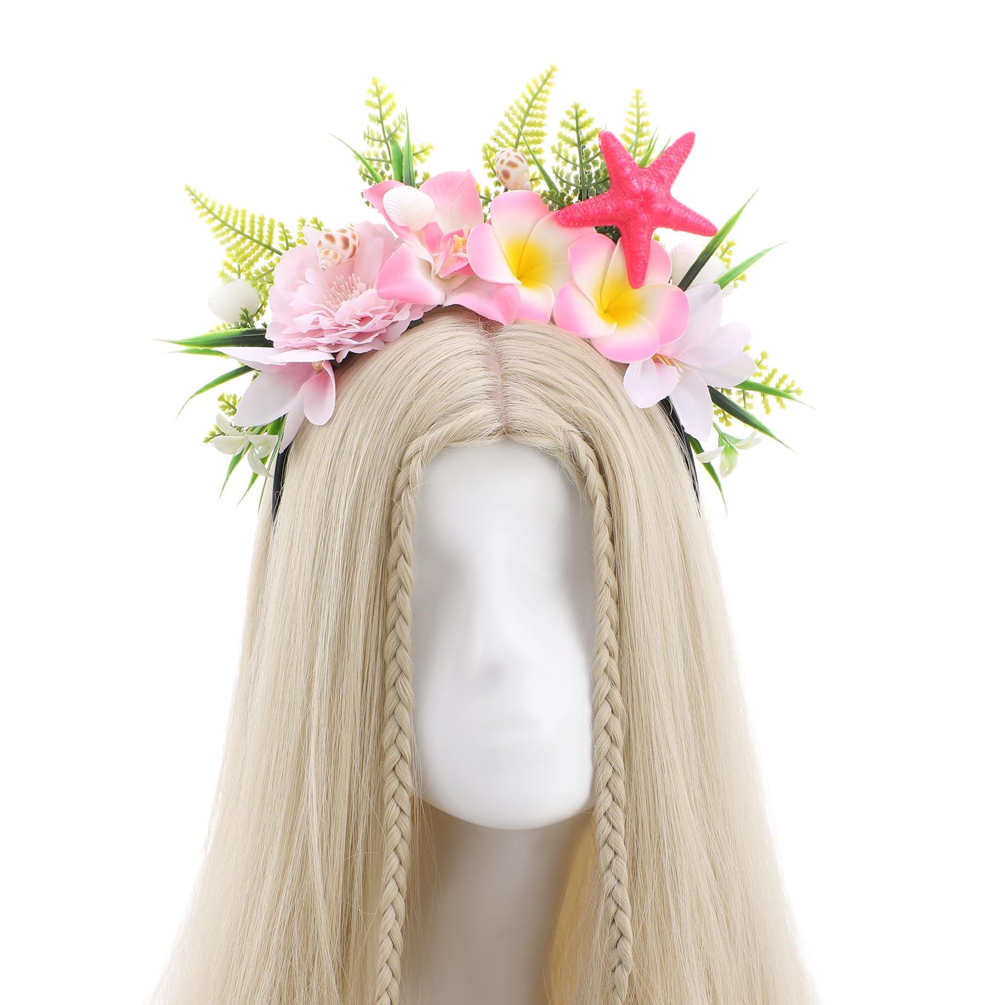 KorViSHOW Hawaiian Flower Crown Headband, Artificial Pink Orchid Plumeria Hawaii Floral Headpiec, Tropical Starfish Flower Headbands for Summer Beach Hula Dance Hair Accessories Party Favor Supplies