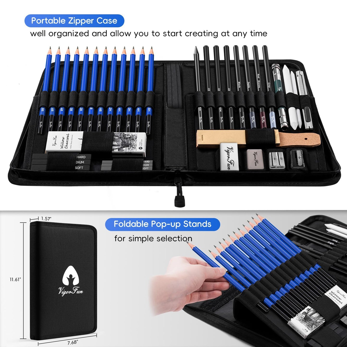 VigorFun Art Supplies, Sketching & Drawing Pencils Art Kit with 2 Sketch Pads, Professional Artists Drawing Supplies Set Includes Graphite, Charcoals, Kneaded Eraser for Adults (42 Pieces)