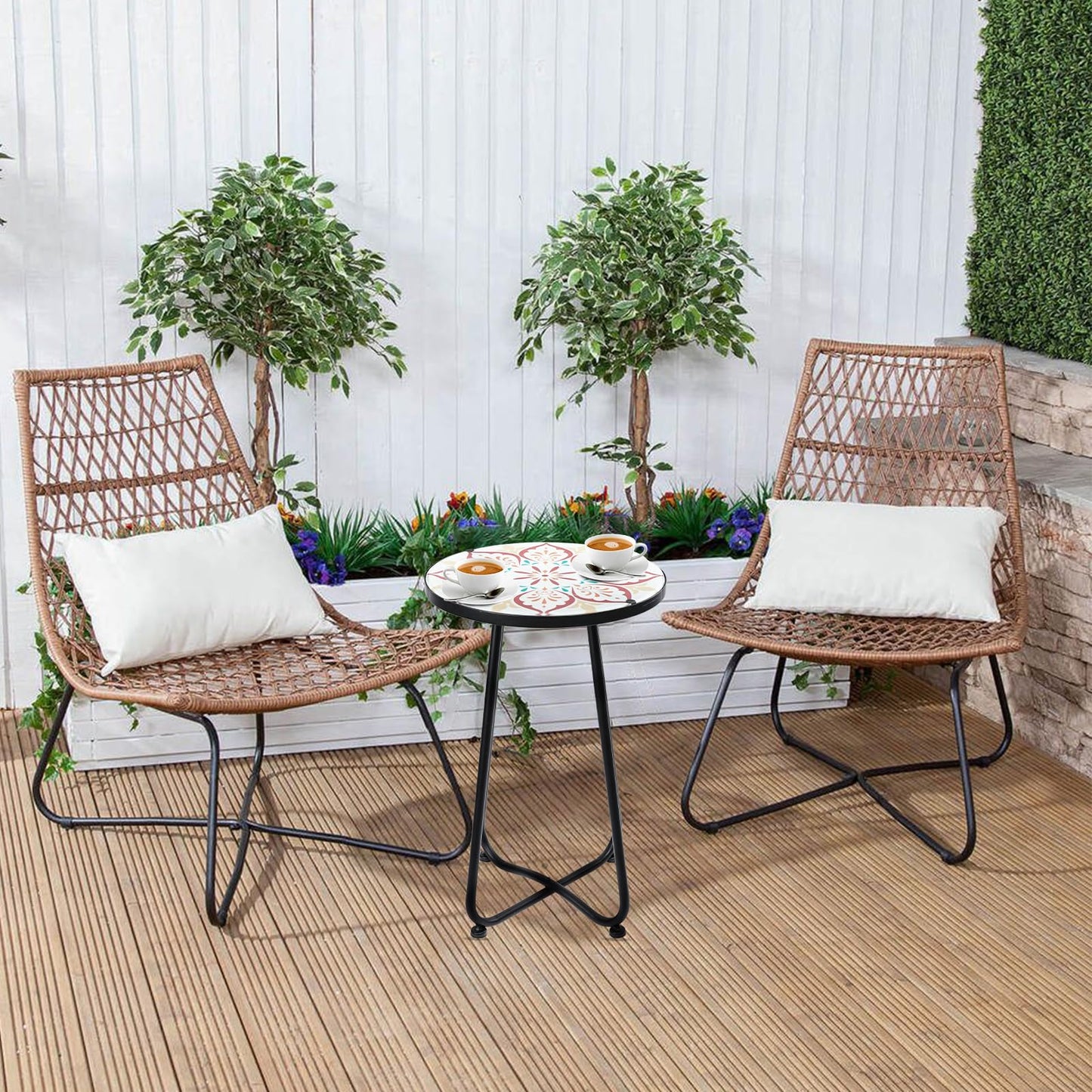 VCUTEKA Patio Side Table Outdoor Accent Table Bistro Coffee Table Plant End Table Small Porch Table Indoor Round Glass Balcony Plant Table Stands Khaki Flower 12 inches