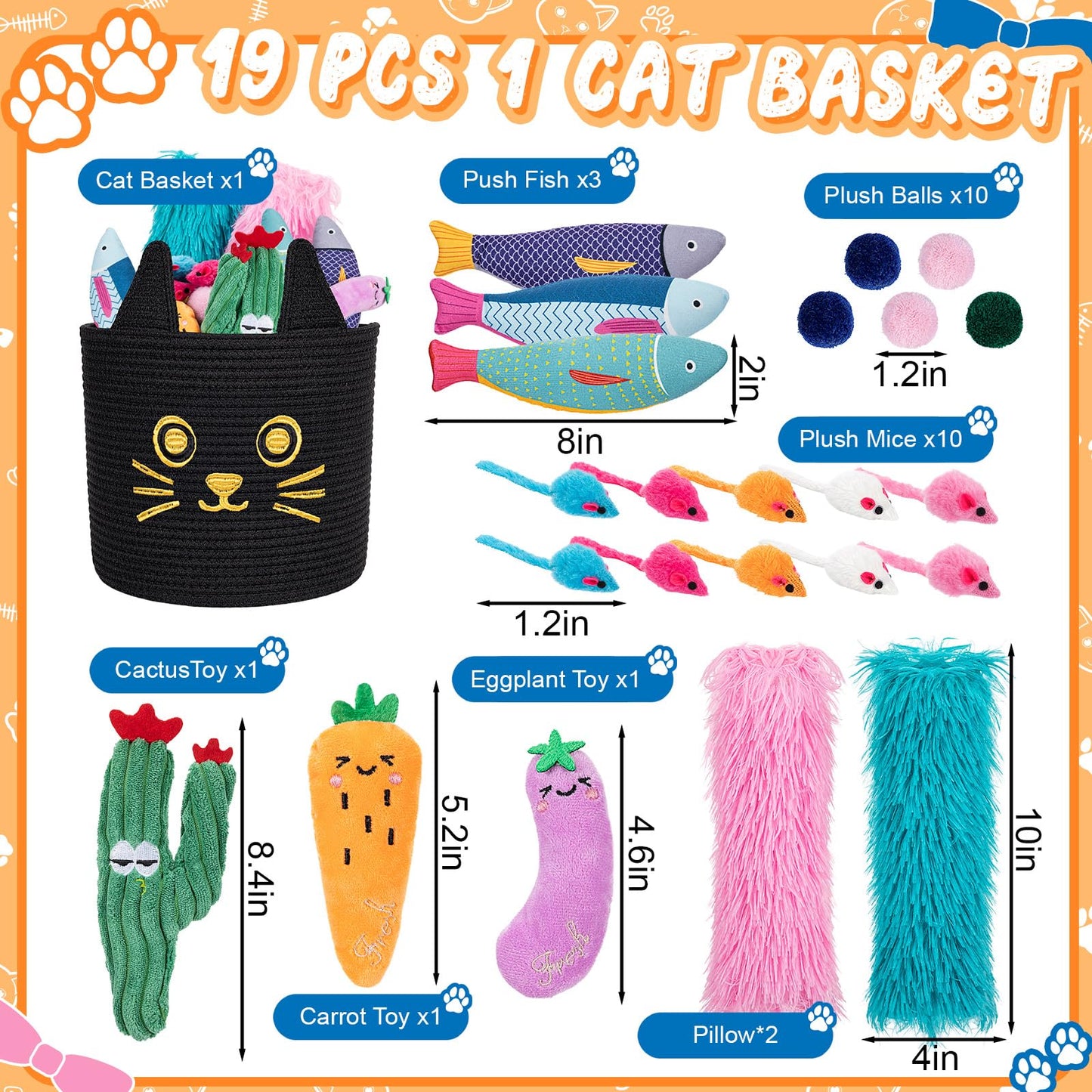 Leitee 20 Pcs Mother‘s Day Cat Storage Basket Gift Toys Bulk Set Cute Cotton Rope Basket, Fish Pillows Plush Balls Mice Toys Vegetable Cactus-Shaped for Pet Gifts, 9.8 Inch