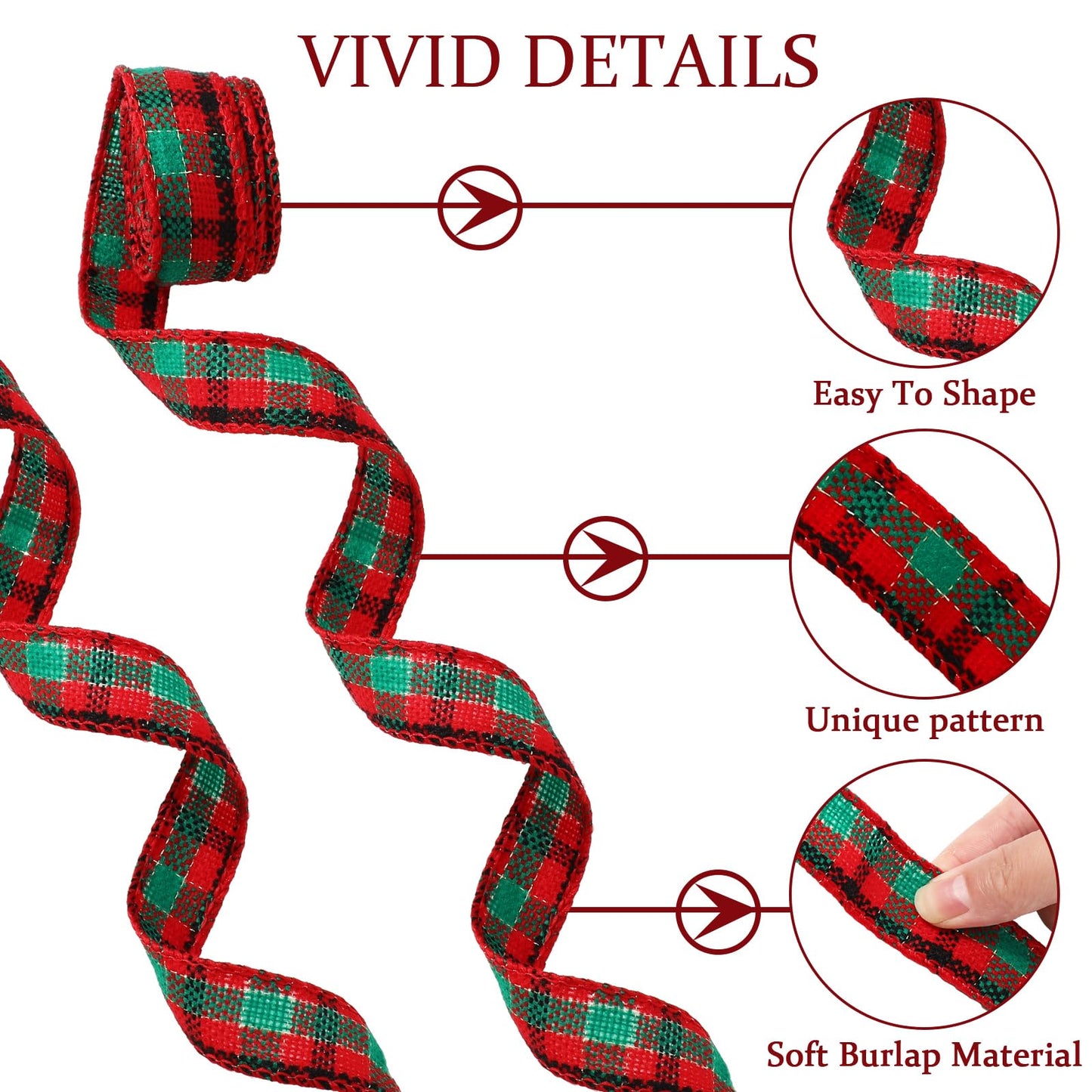 JarThenaAMCS 8 Rolls 40 Yard Christmas Burlap Ribbon Fabric Wired Edge Green Red Brown Plaid Decorative Wrapping Ribbon for Winter Xmas Tree DIY Crafts Bow Wreath Making Supplies, 1 Inch