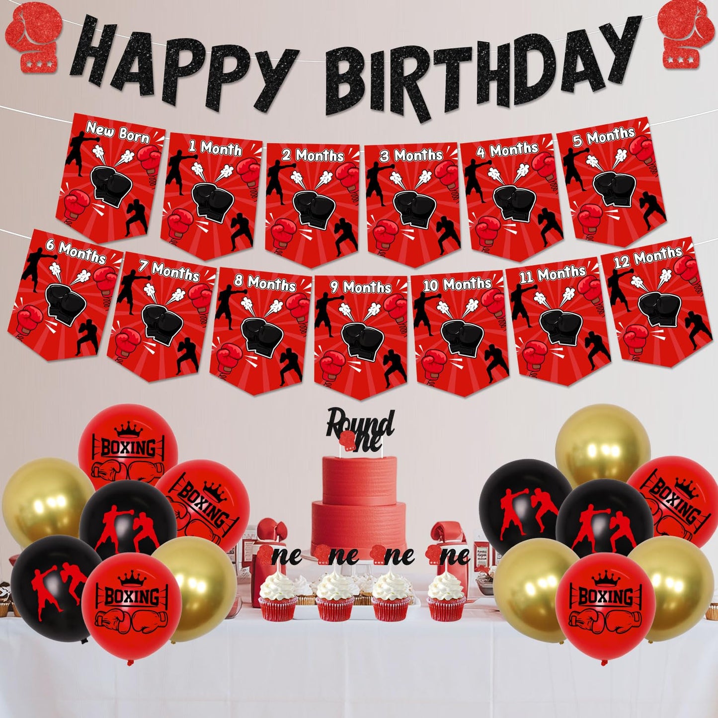 Boxing 1st Birthday Decorations Red Black Boxing Theme Happy Birthday Banner, Photo Banners, High Chair Banner, Round One Cake and Cupcake Toppers, Number 1 Balloons Kit for Boys First Bday Party