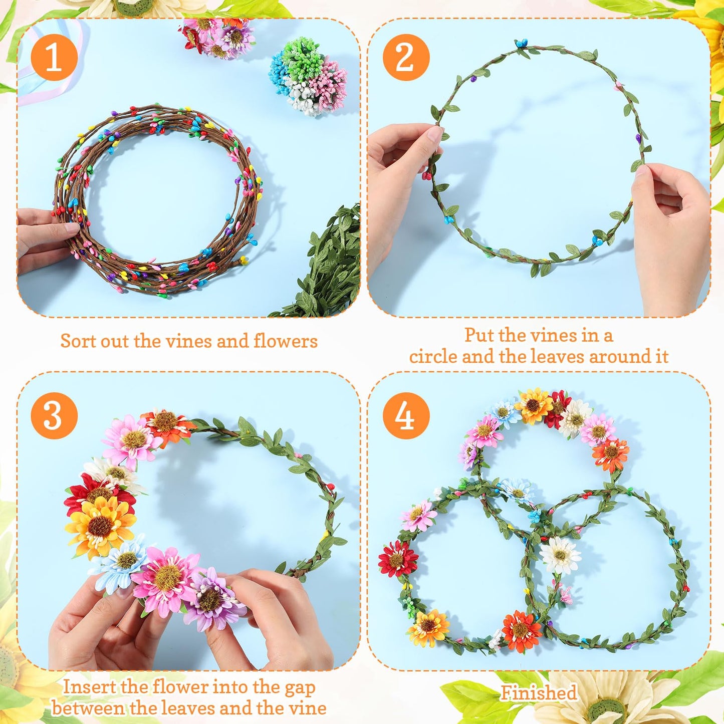 Zeyune 20 Sets Spring Tea Party Favor Flower Crowns Making Kit, Make Your Own Flower Crown Wreath Garland Headbands Craft Kit Handmade DIY Fairy Floral Hair Accessories Gift for Women (Sunflower)