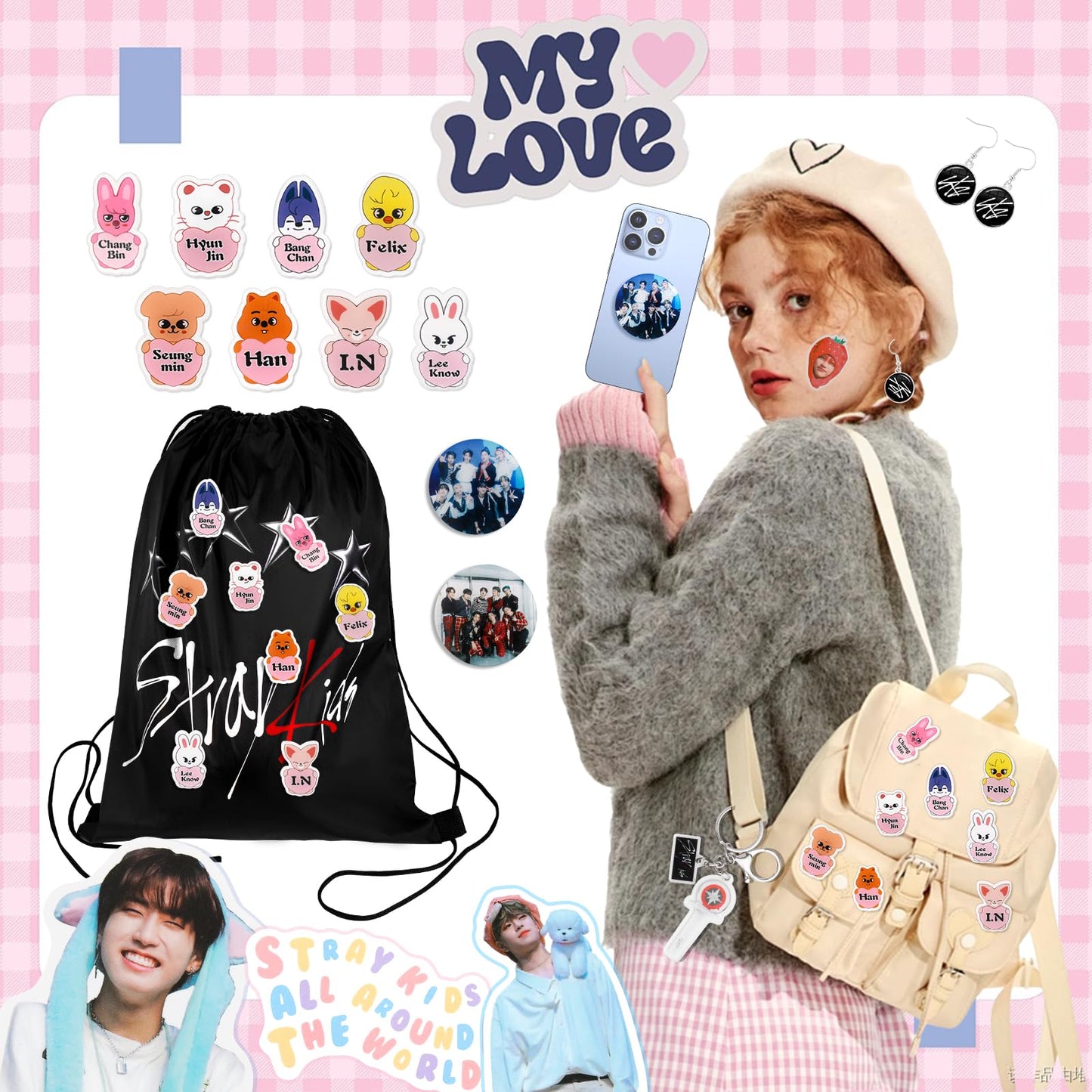 Japior Stray Kids Gifts Set,Including Drawstring Bag, 8 Cartoon Badges,50 Stickers,8 Photocards,3 Themed Bracelets, Necklace,Earrings, Keychain,Straykids Lanyards for Fans