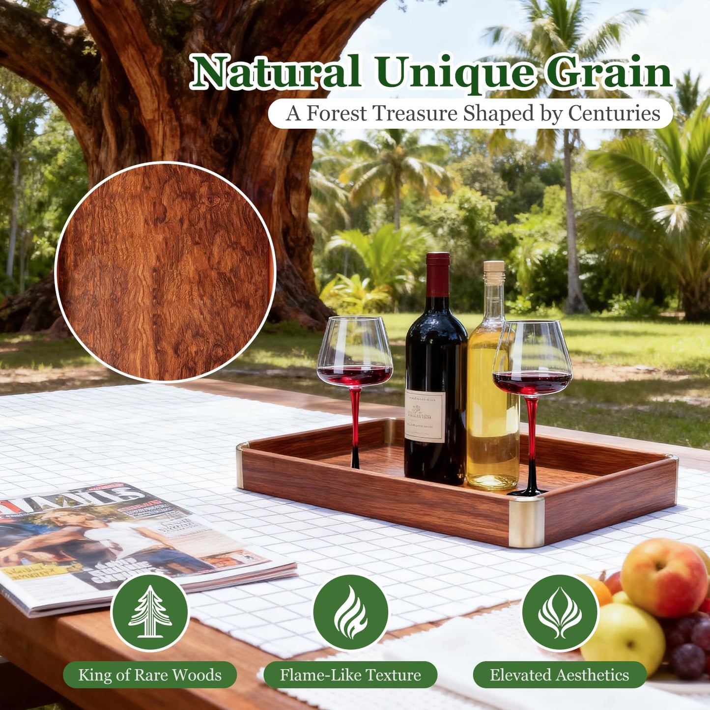 Bubinga Wood Serving Tray, 14.5"x9.8" Decorative Tray with Brass Corners, Luxury Home Decor for Coffee Table, Kitchen & Living Room, Housewarming Gifts for New Home, Wedding & Bridal Shower Gift