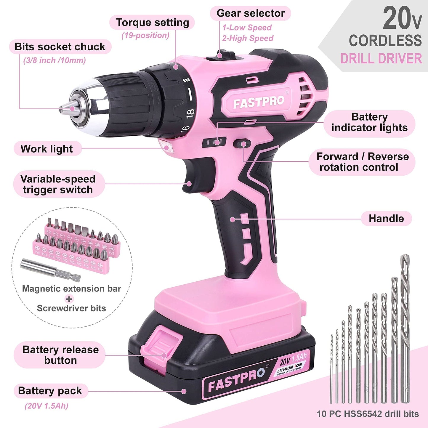 FASTPRO 232-Piece Pink Tool Set with Drill, 20V Cordless Drill Driver and Home Tool Set, Pink Drill Set for Women, Lady's Repairing Kit with 12-Inch Storage Bag, Pink