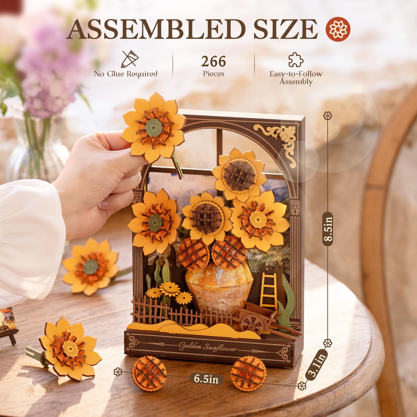 ROBOTIME Wooden Flower Golden Sunflower Building Sets for Adult with Lights TH002, Van Gogh Wall Art Crafts, Painting Frame Room Decor, Valentine's Day/Anniversary/Birthday Gifts for Women, 266PCS