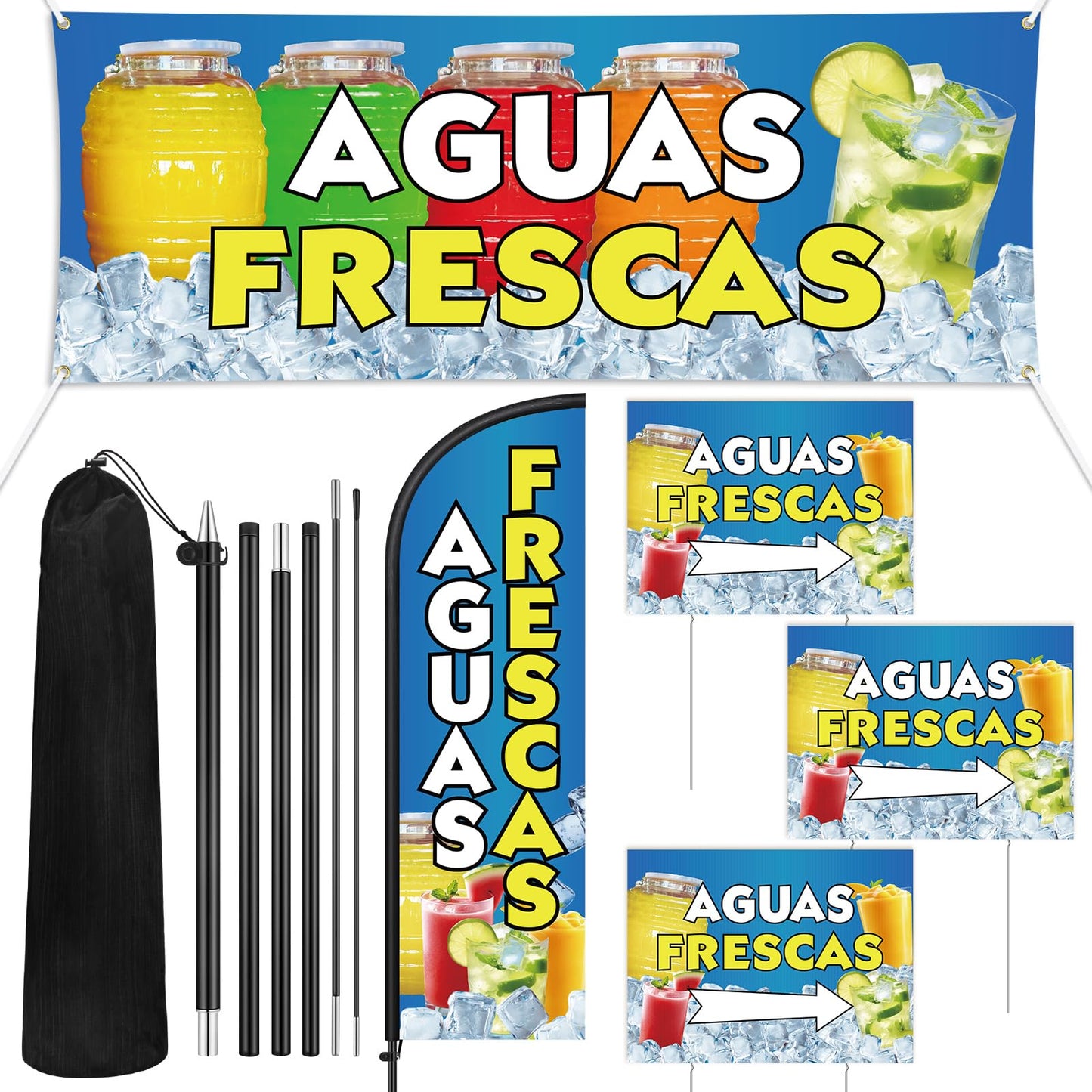 Hahafelt 5 Pcs Aguas Frescas Stand Decor Kit Swooper Feather Flag with Pole Yard Sign and Banner for Outside Advertising Business Lawn Outdoor Decorations