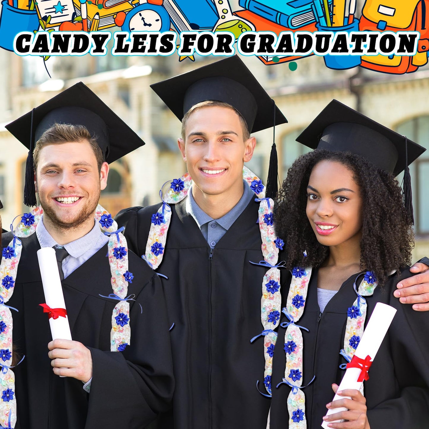 Whaline Graduation Candy Lei Making Kit, Blue DIY Graduation Wreath 26.2Ft Candy Lei Tubing Bags 50Pcs Flower Pieces 3 Roll Ribbons Congrats Grad Necklace for Grad Party Craft Favor